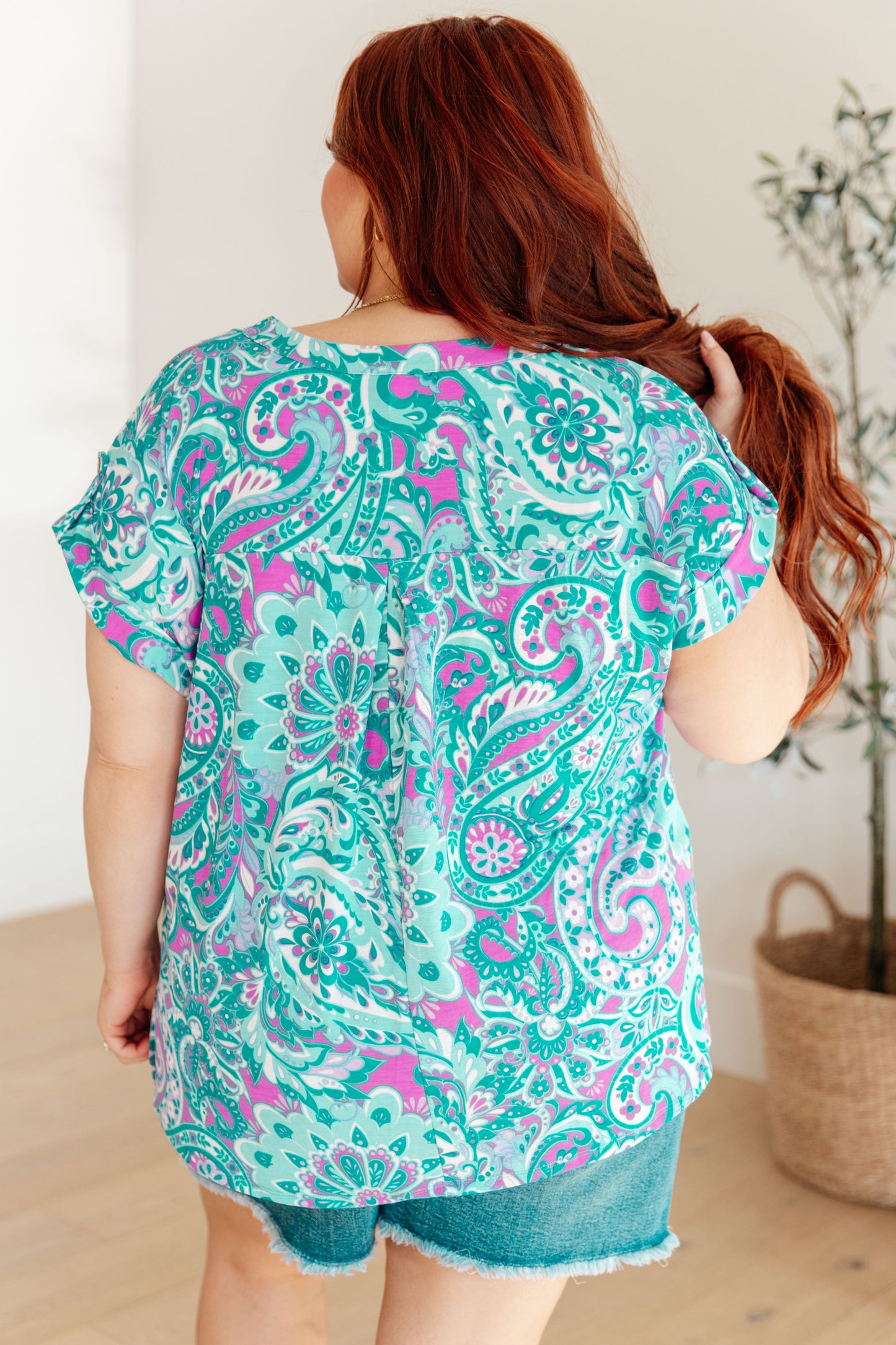 Lizzy Cap Sleeve Top in Magenta and Teal Paisley - Hey Hunni LLC