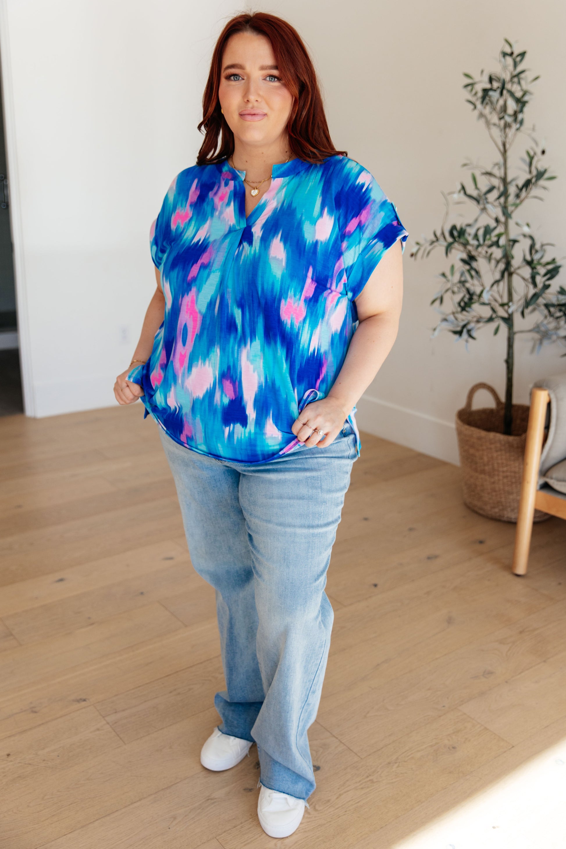 Lizzy Cap Sleeve Top in Royal Brush Strokes - Hey Hunni LLC