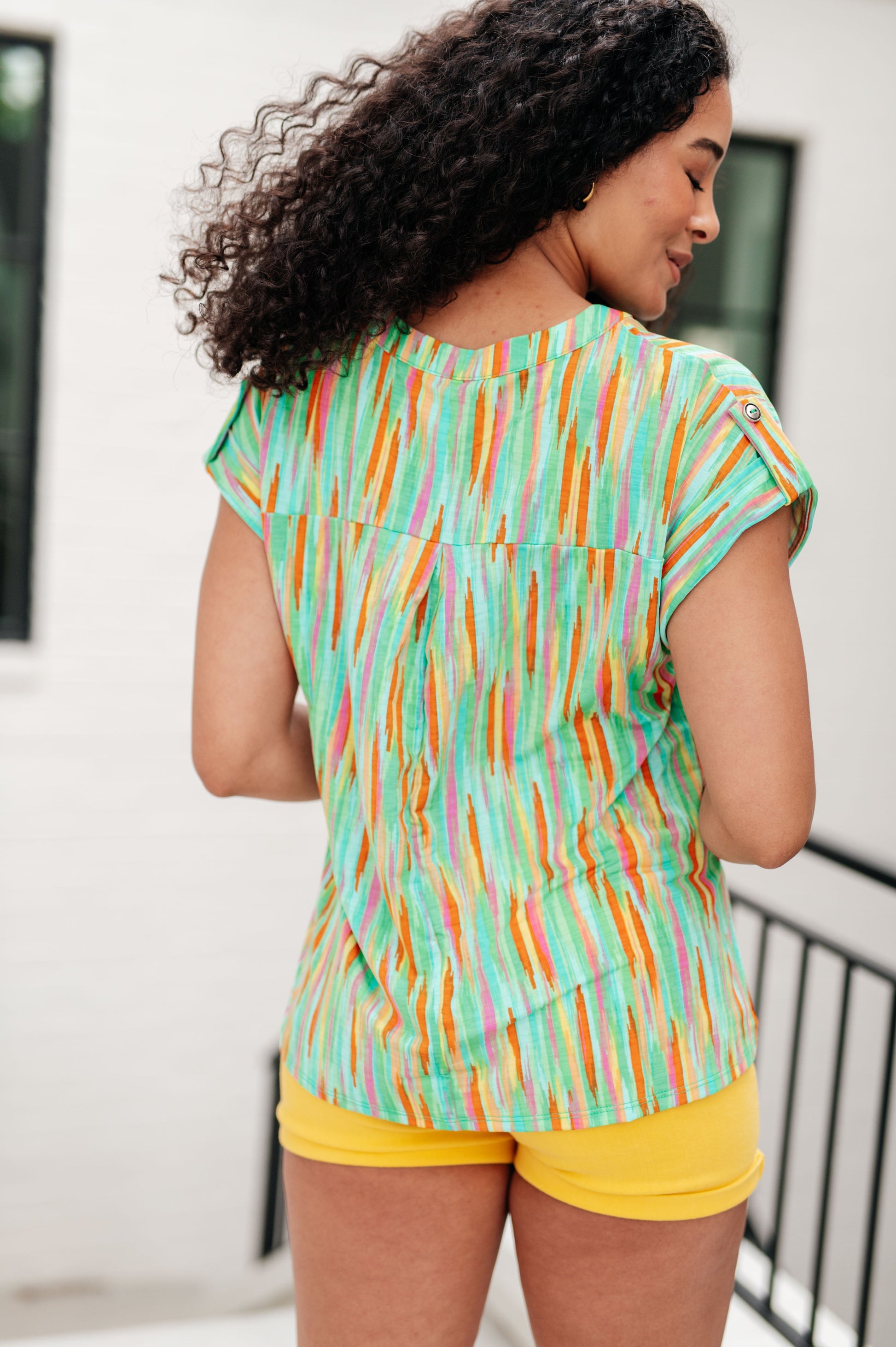 Lizzy Cap Sleeve Top in Lime and Emerald Multi Stripe - Hey Hunni LLC