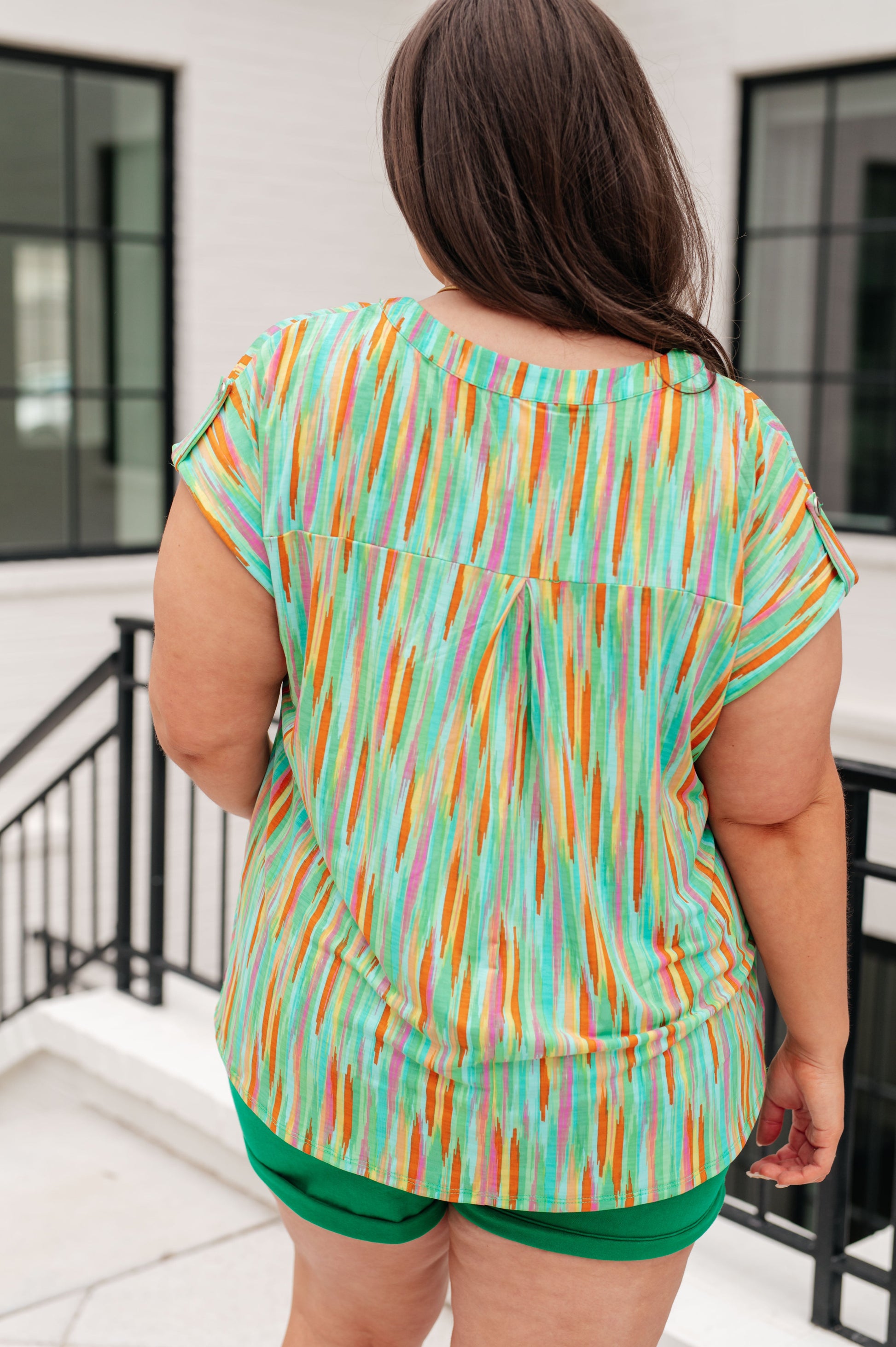 Lizzy Cap Sleeve Top in Lime and Emerald Multi Stripe - Hey Hunni LLC