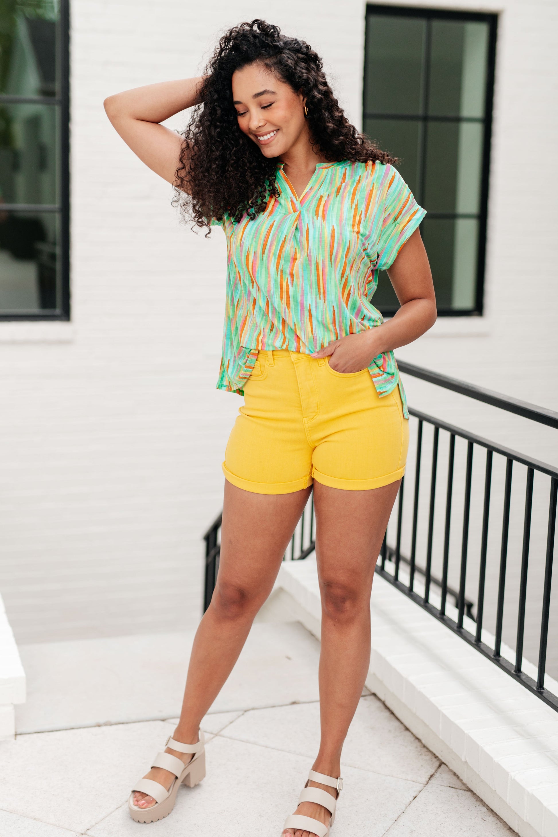 Lizzy Cap Sleeve Top in Lime and Emerald Multi Stripe - Hey Hunni LLC