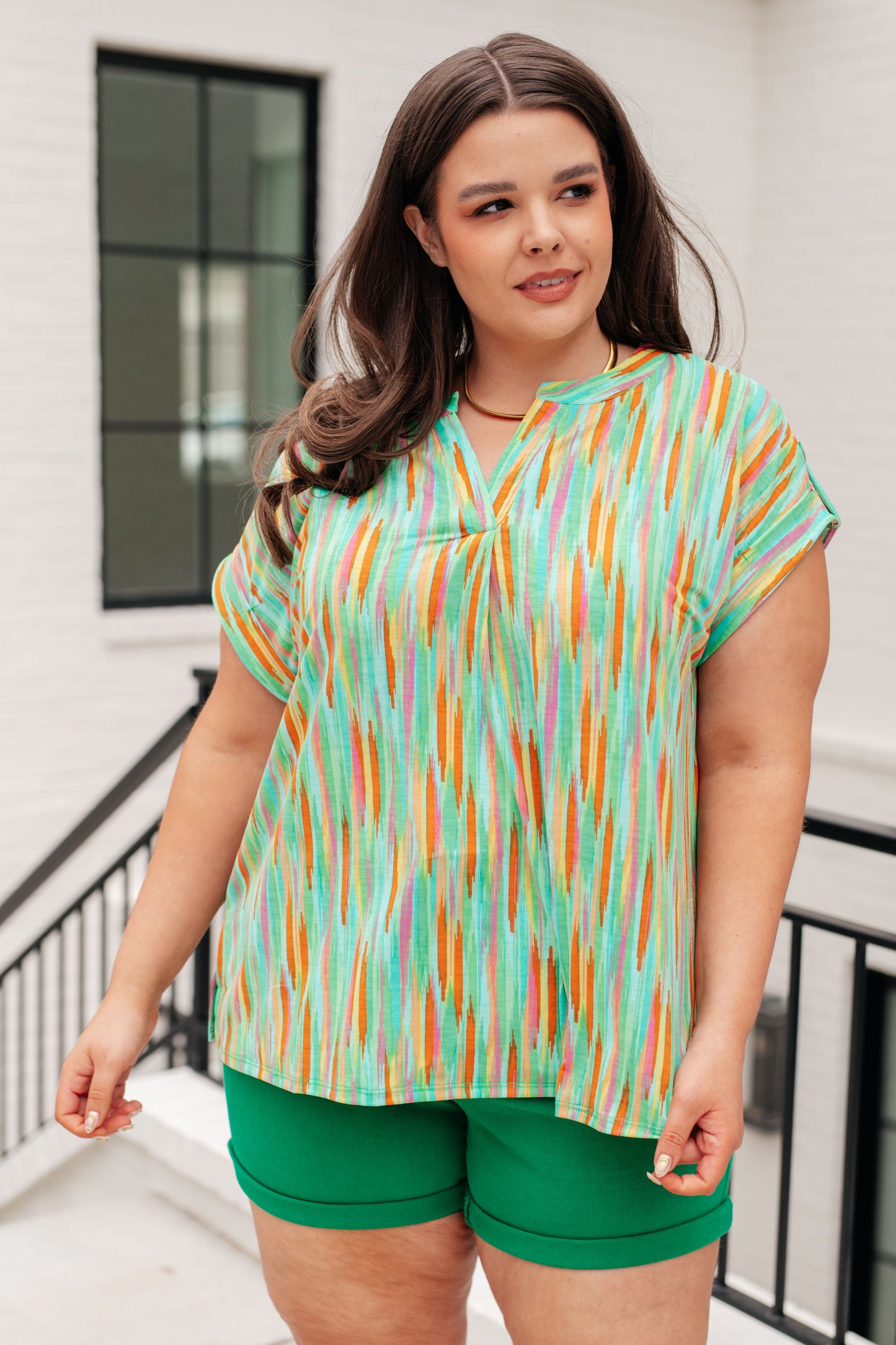 Lizzy Cap Sleeve Top in Lime and Emerald Multi Stripe - Hey Hunni LLC