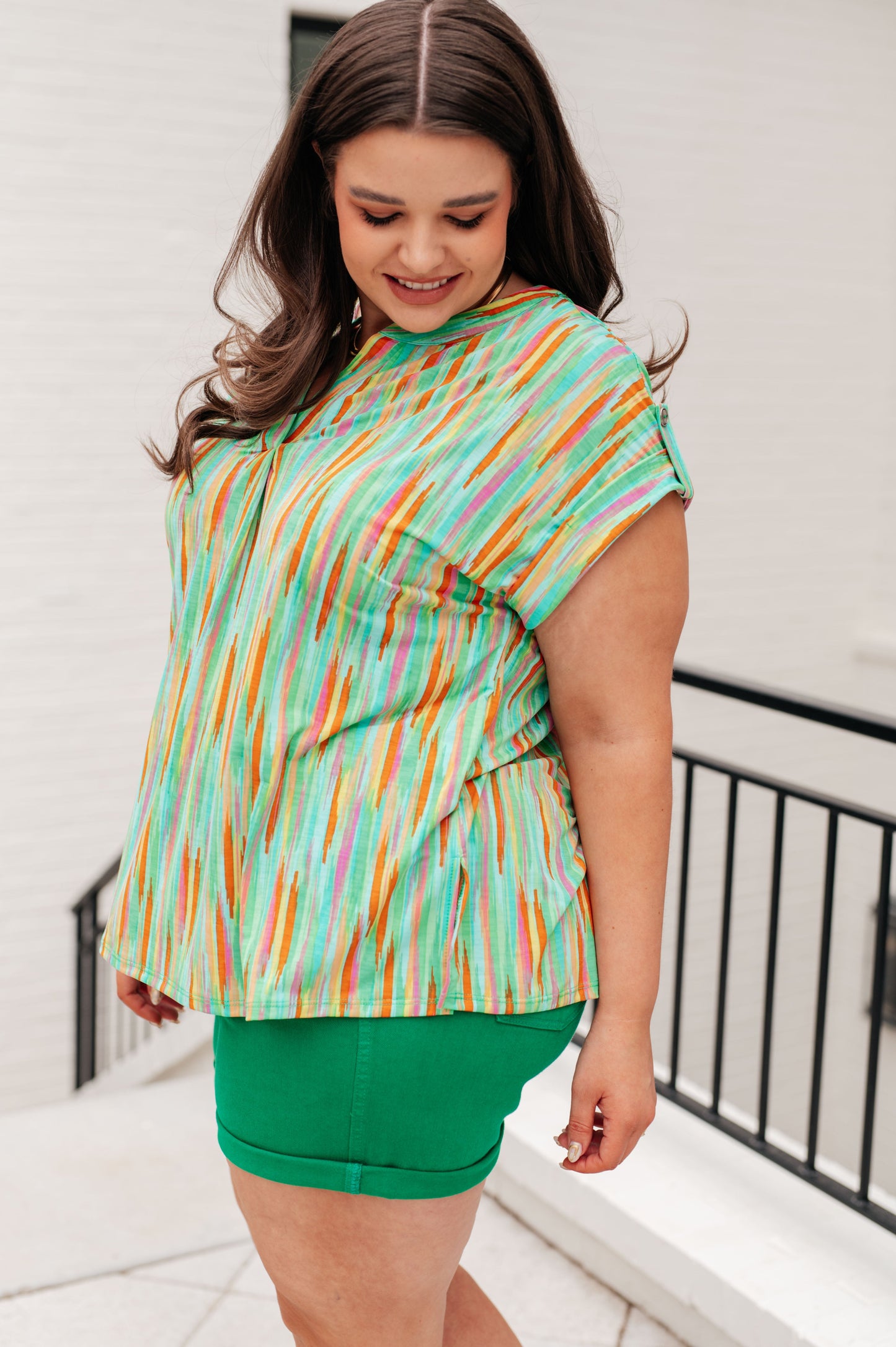 Lizzy Cap Sleeve Top in Lime and Emerald Multi Stripe - Hey Hunni LLC