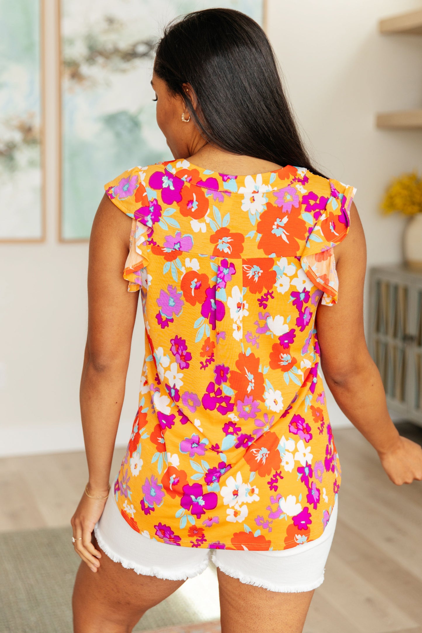 Lizzy Flutter Sleeve Top in Apricot and Red Floral - Hey Hunni LLC