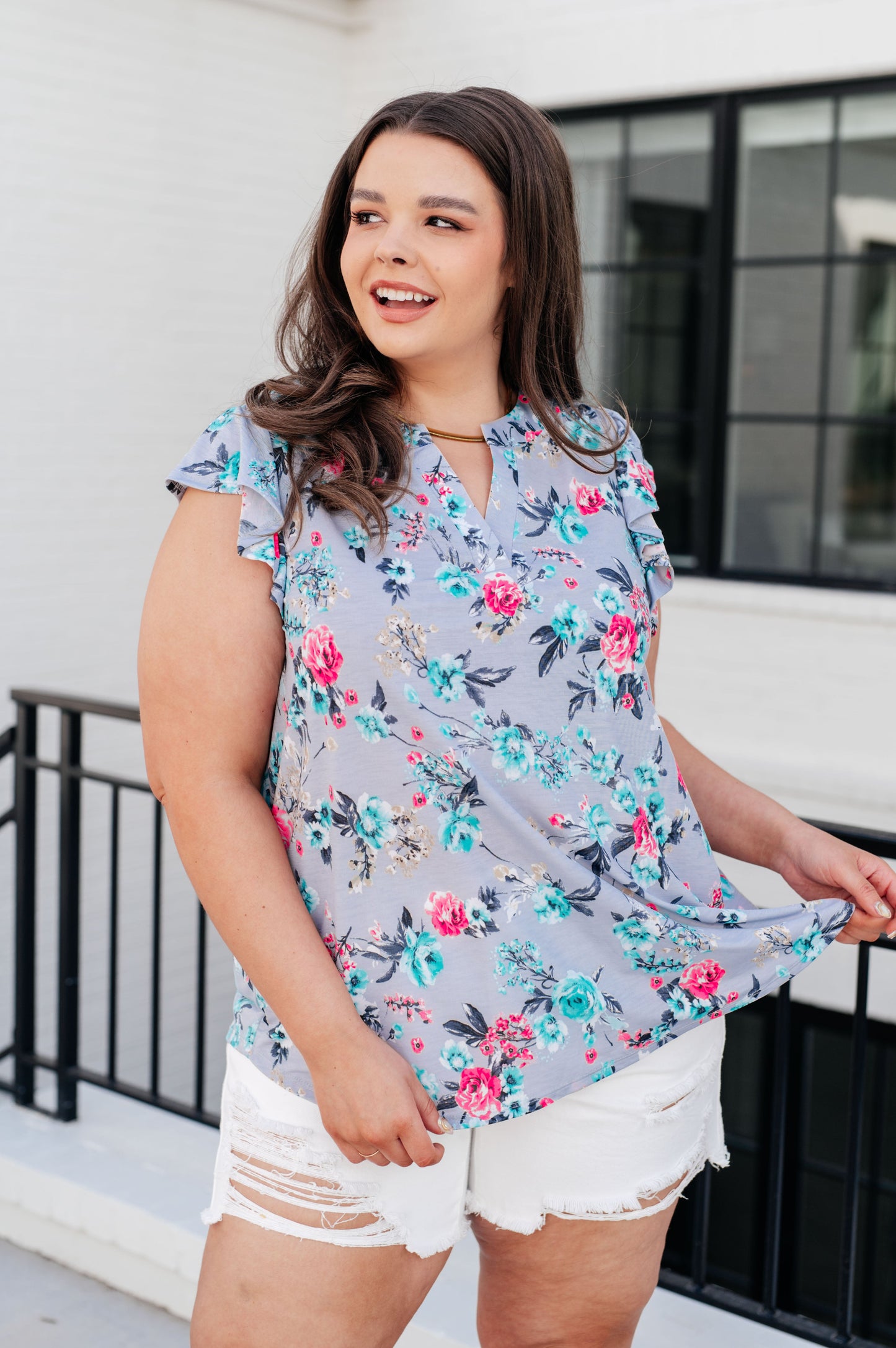 Lizzy Flutter Sleeve Top in Grey and Mint Floral - Hey Hunni LLC