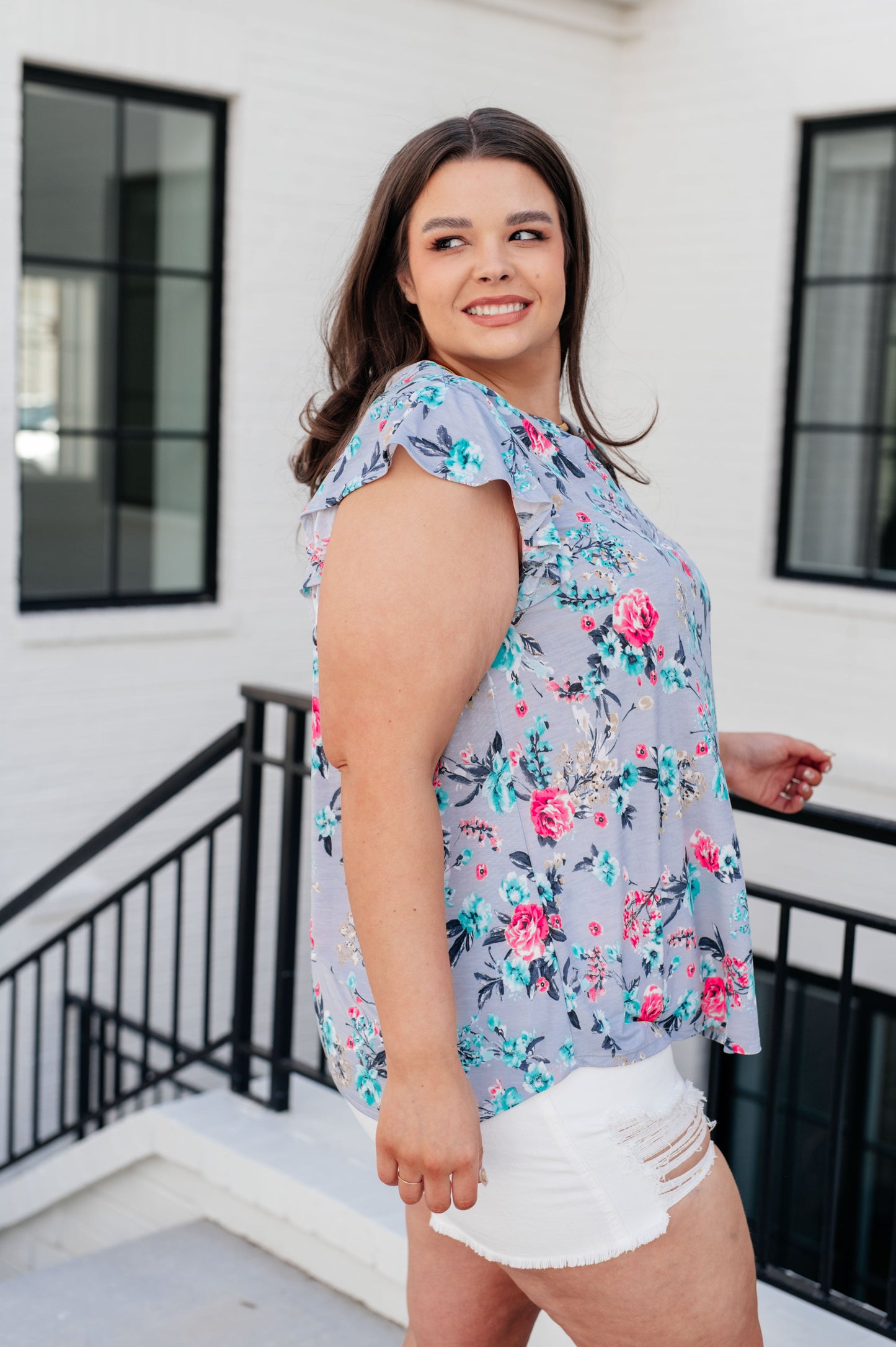 Lizzy Flutter Sleeve Top in Grey and Mint Floral - Hey Hunni LLC