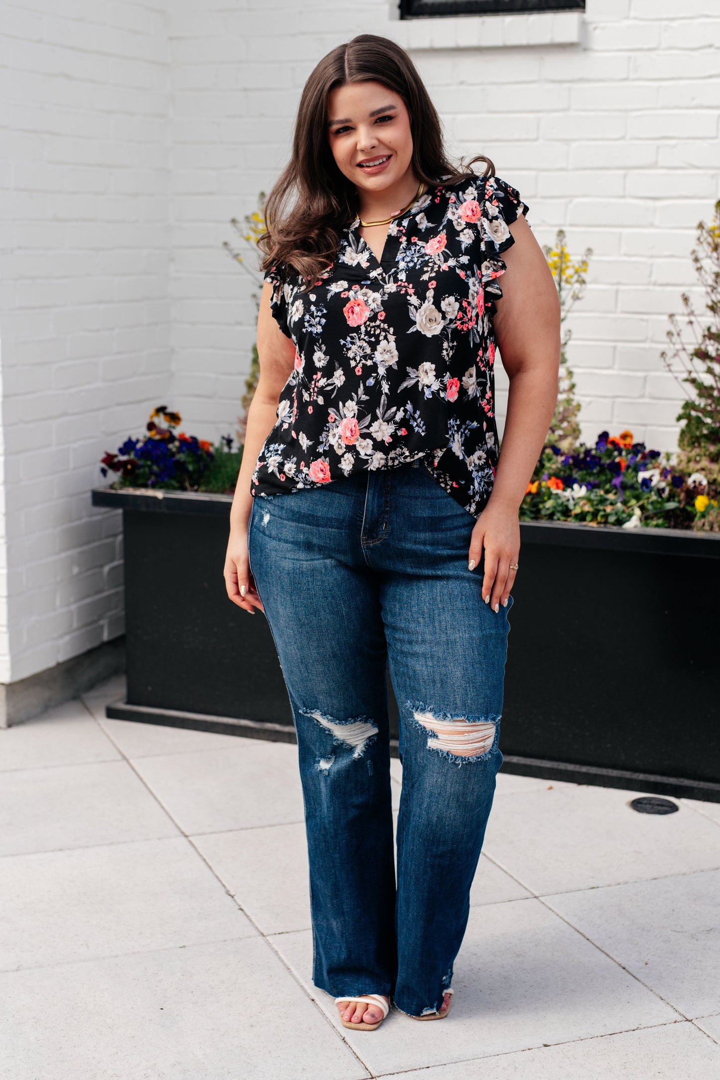 Lizzy Flutter Sleeve Top in Black and Muted Pink Floral - Hey Hunni LLC