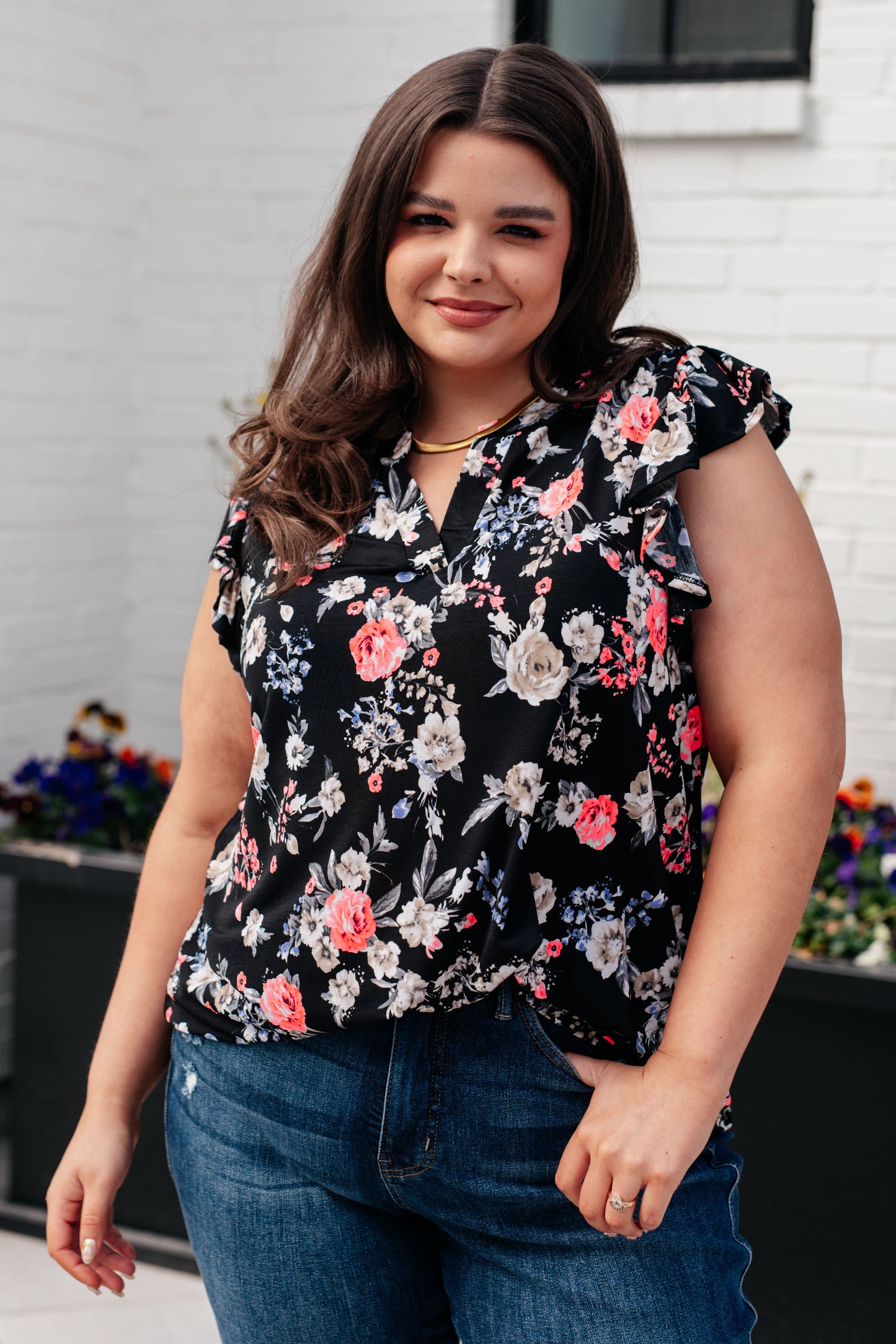 Lizzy Flutter Sleeve Top in Black and Muted Pink Floral - Hey Hunni LLC