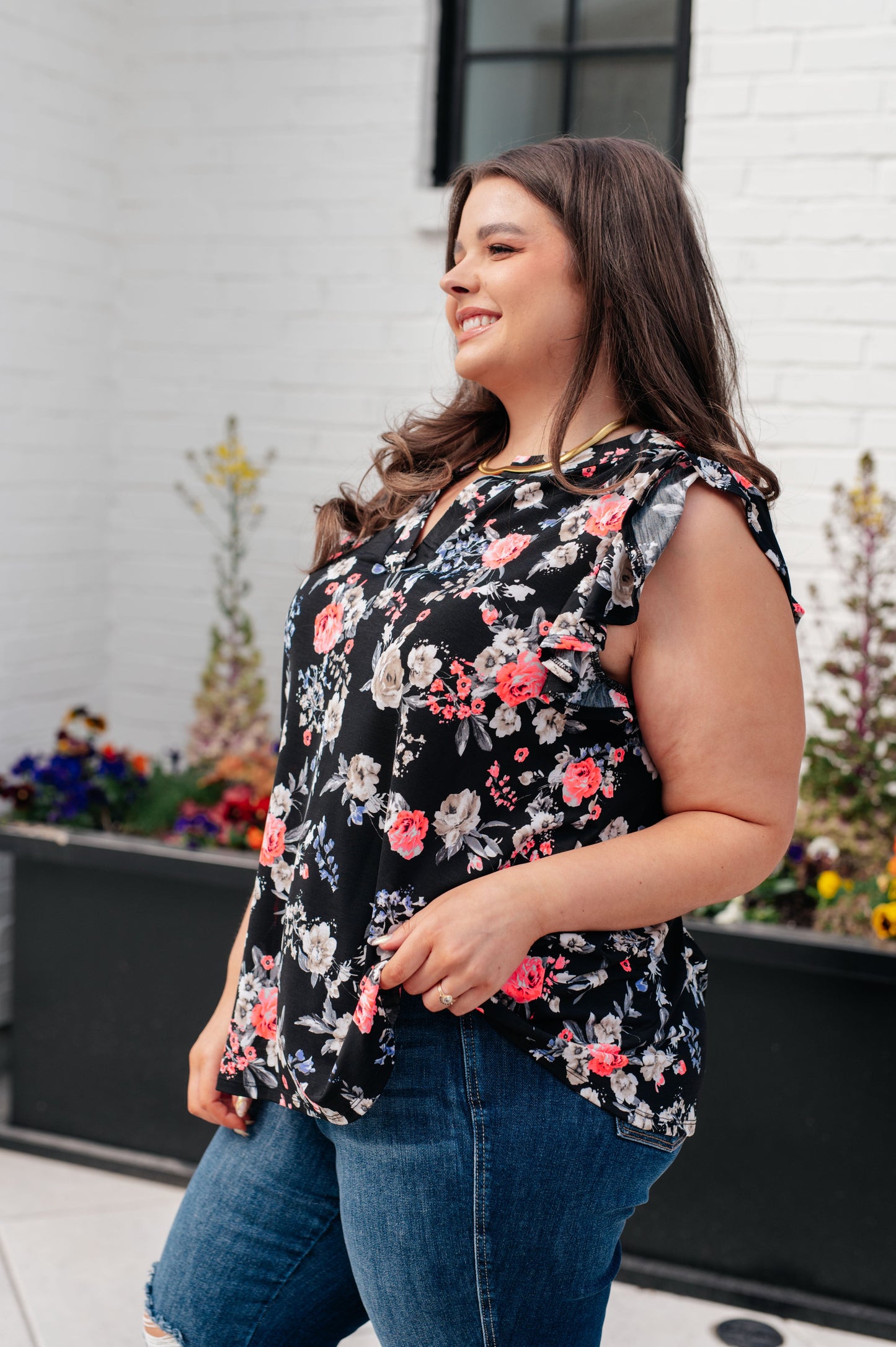 Lizzy Flutter Sleeve Top in Black and Muted Pink Floral - Hey Hunni LLC