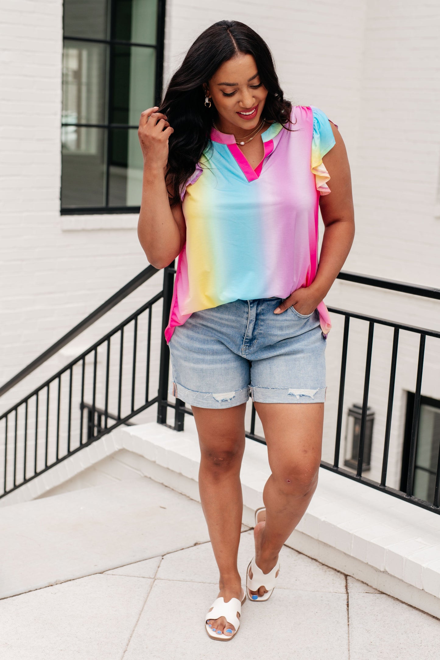 Lizzy Flutter Sleeve Top in Ombre Rainbow - Hey Hunni LLC