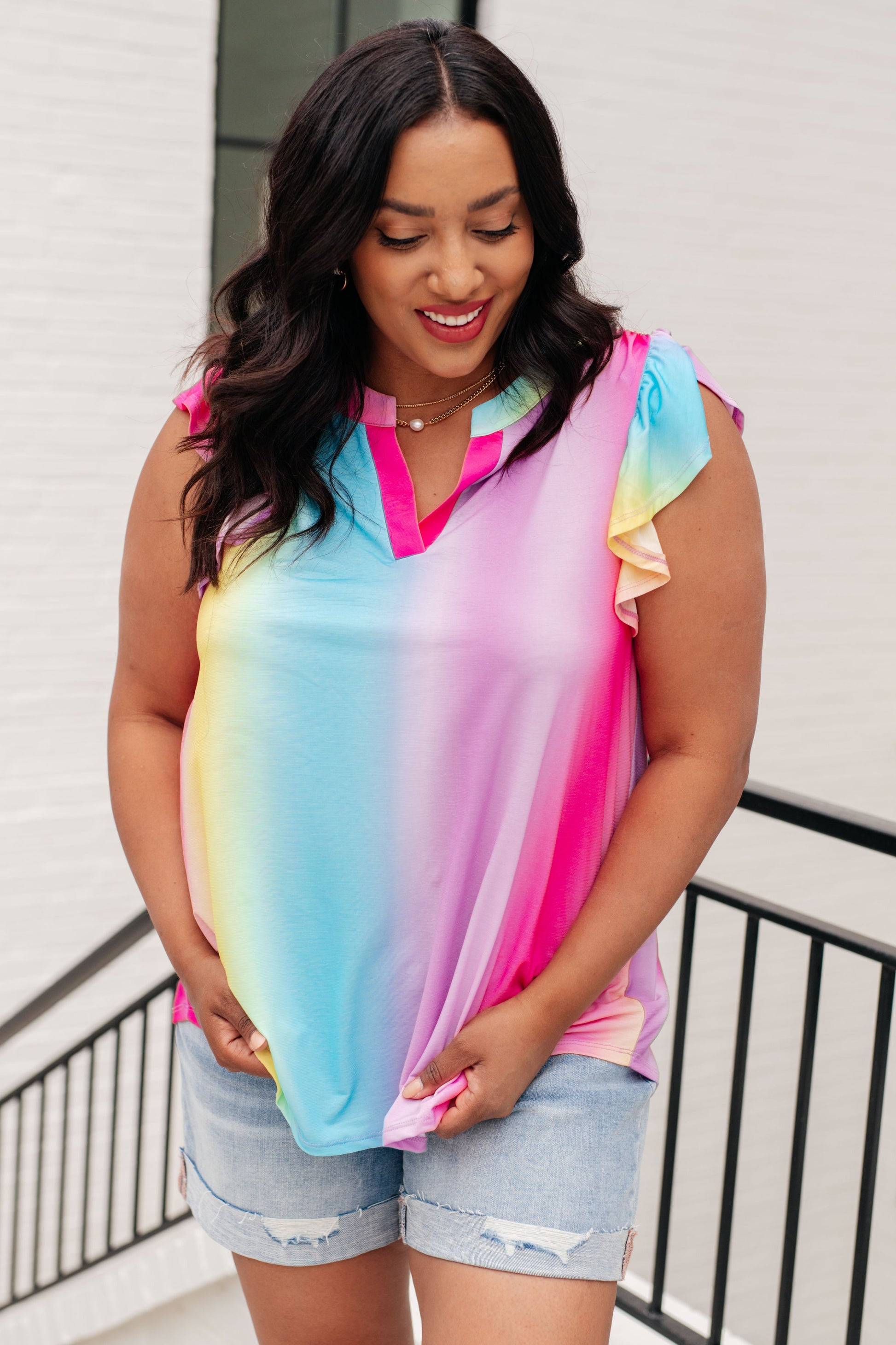 Lizzy Flutter Sleeve Top in Ombre Rainbow - Hey Hunni LLC