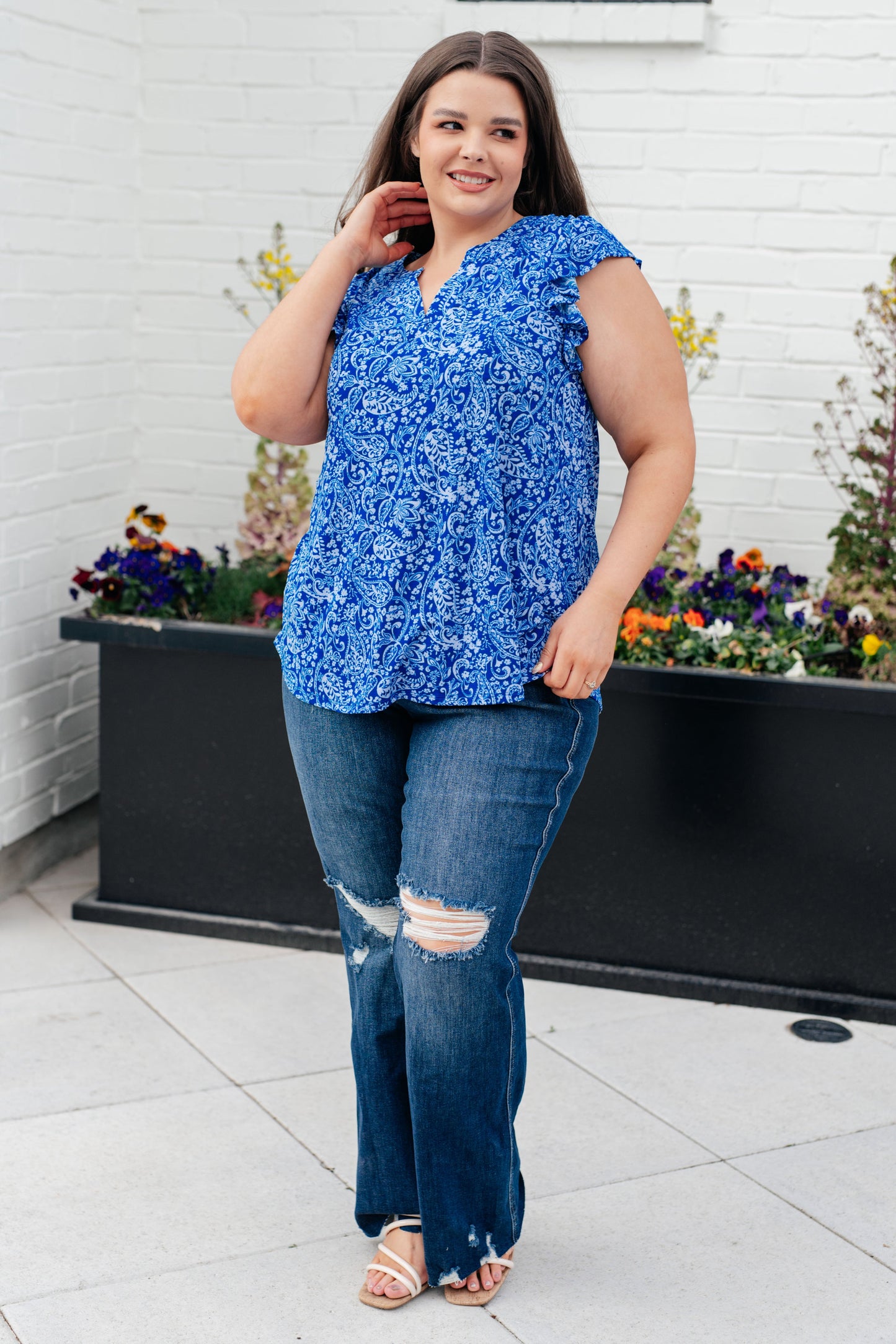 Lizzy Flutter Sleeve Top in Royal Blue and White Floral - Hey Hunni LLC