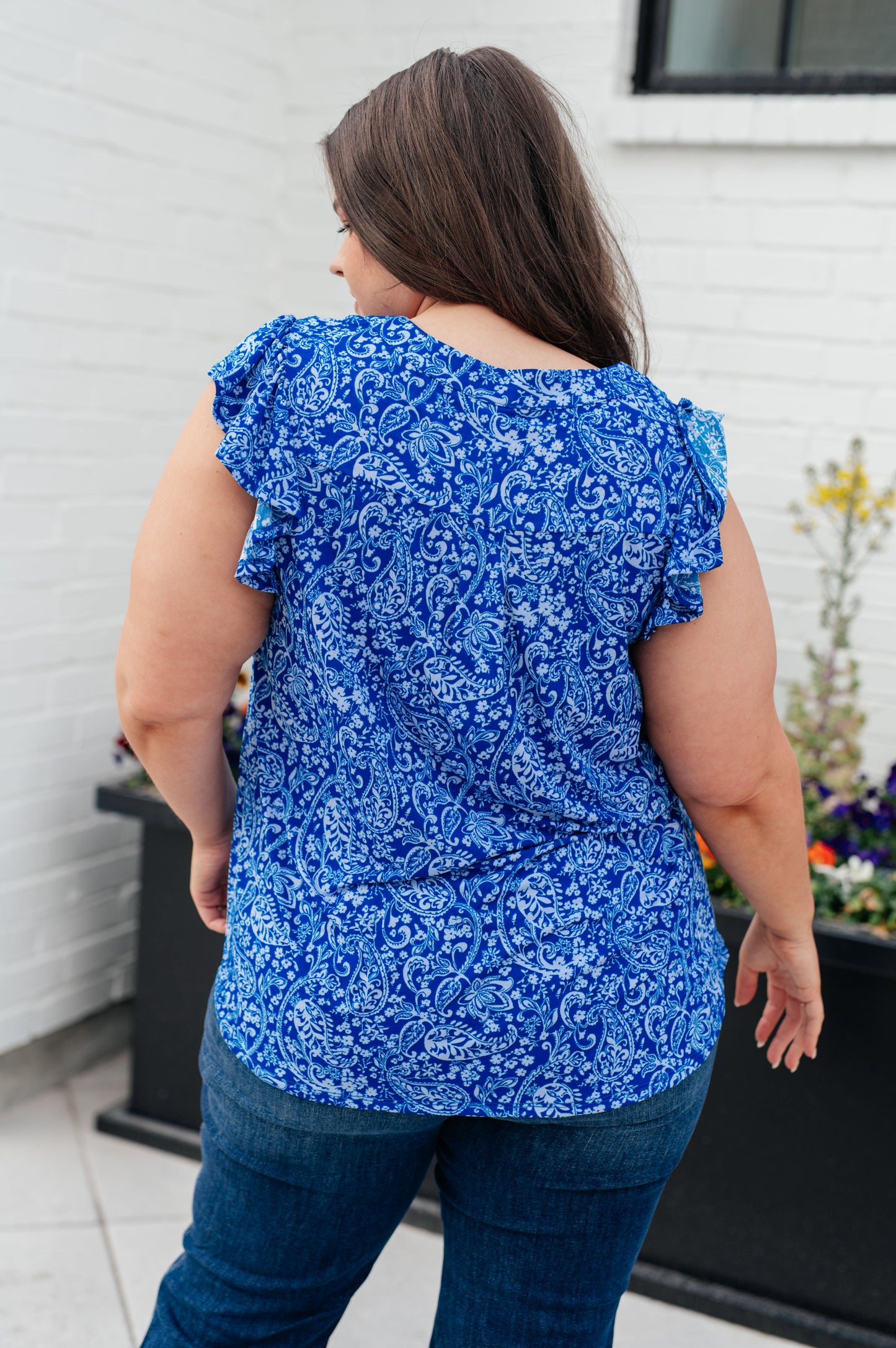 Lizzy Flutter Sleeve Top in Royal Blue and White Floral - Hey Hunni LLC