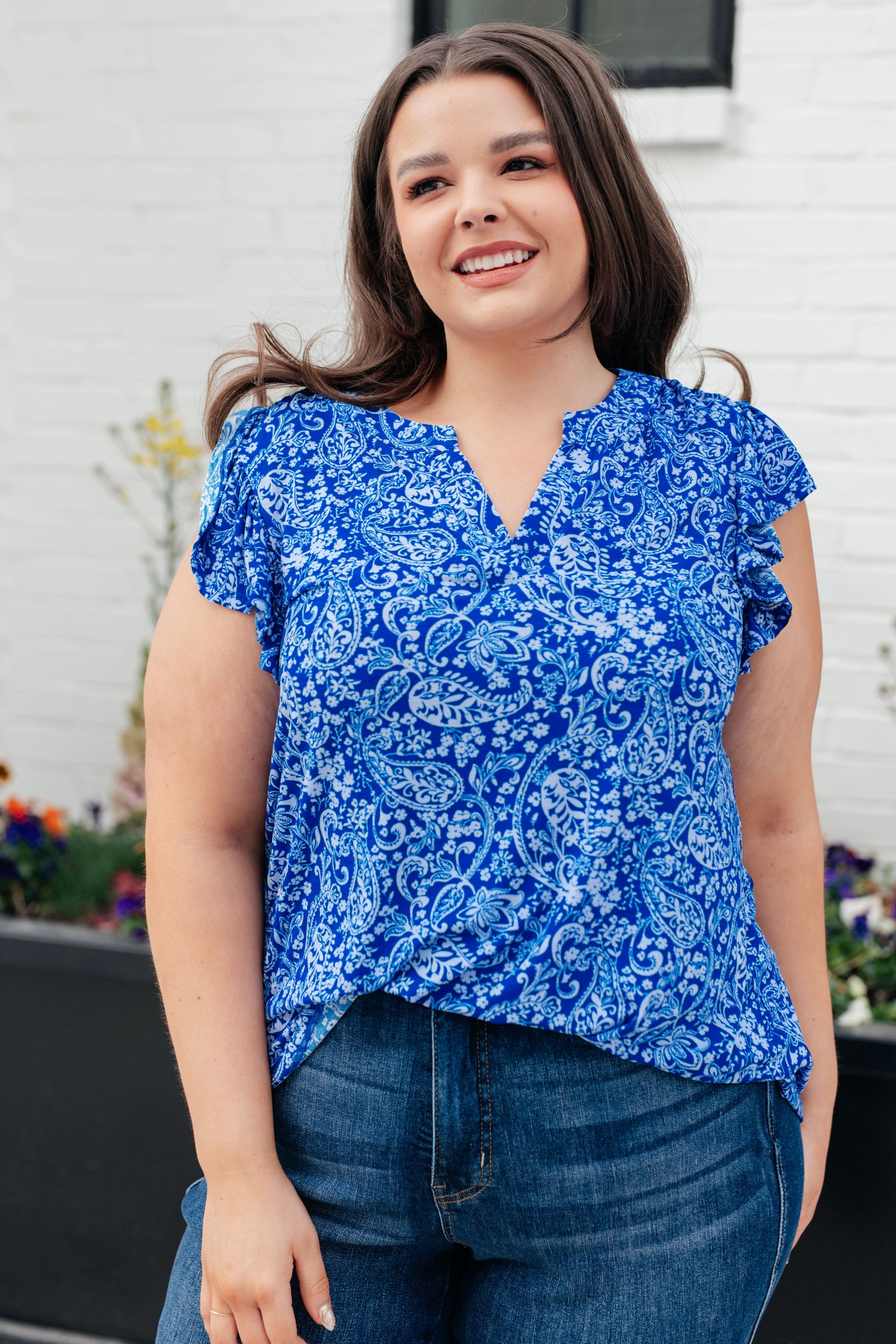 Lizzy Flutter Sleeve Top in Royal Blue and White Floral - Hey Hunni LLC