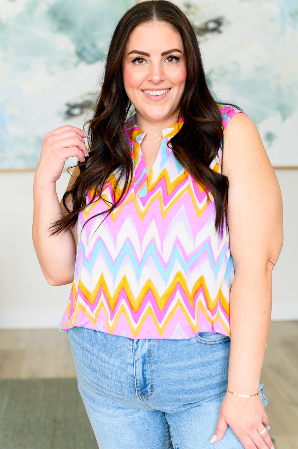 Lizzy Tank Top in Orange Multi Chevron - Hey Hunni LLC