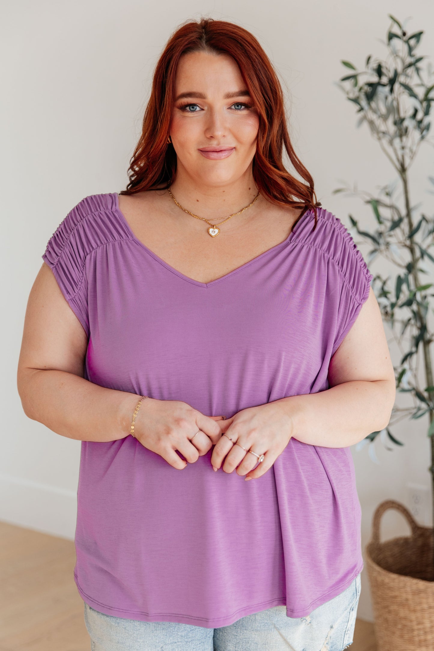 Ruched Cap Sleeve Top in Lavender - Hey Hunni LLC