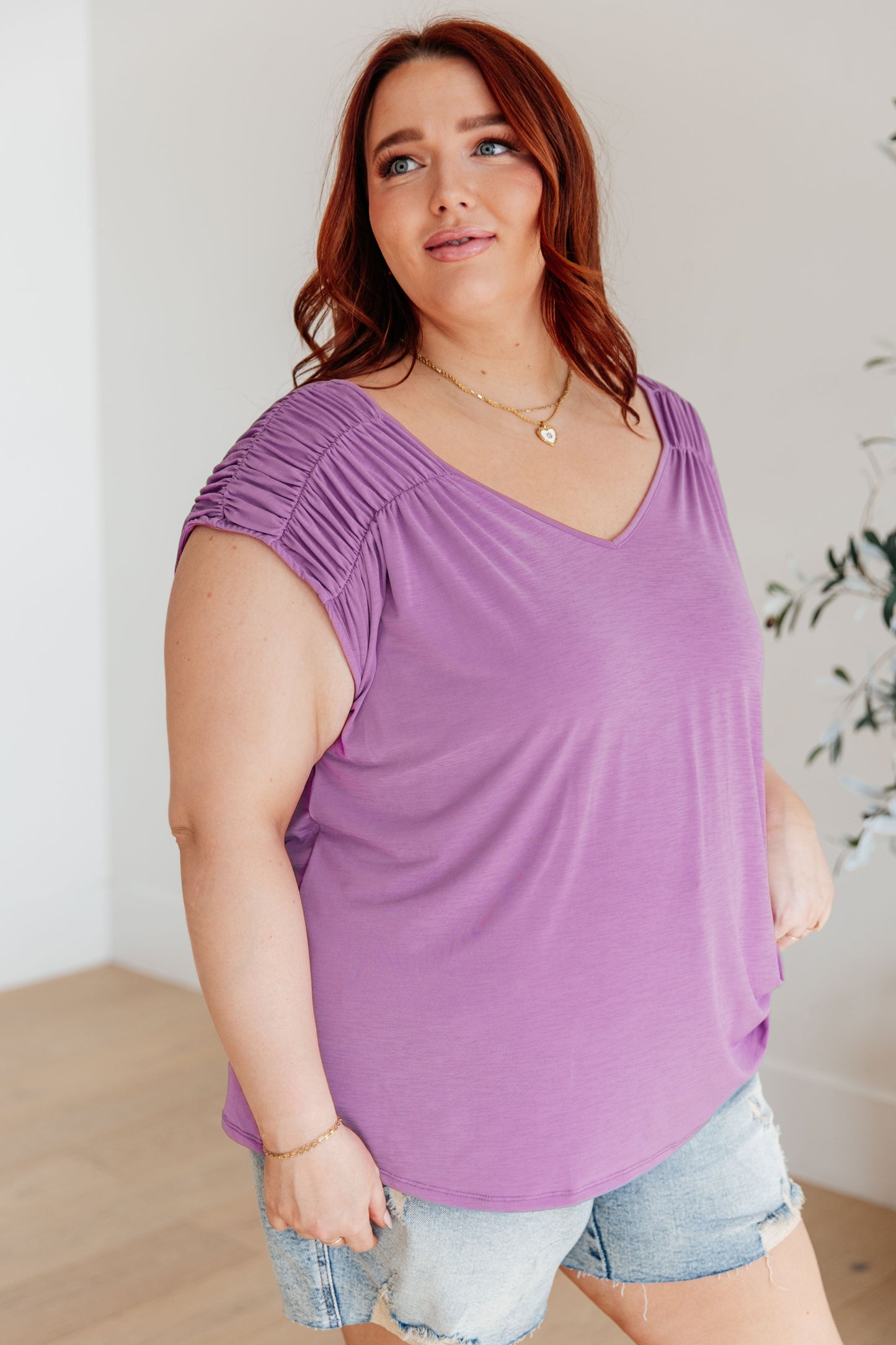 Ruched Cap Sleeve Top in Lavender - Hey Hunni LLC