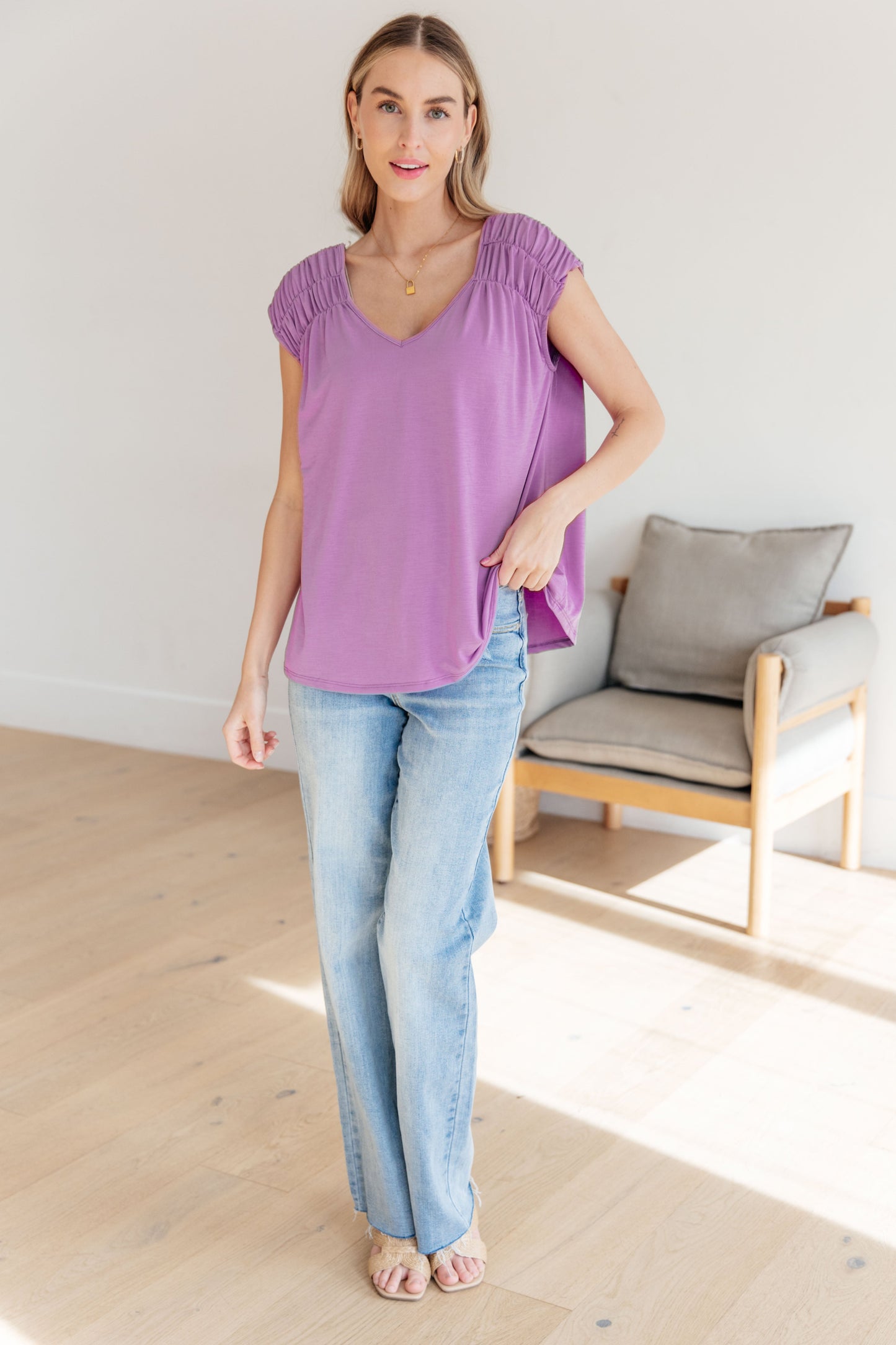 Ruched Cap Sleeve Top in Lavender - Hey Hunni LLC