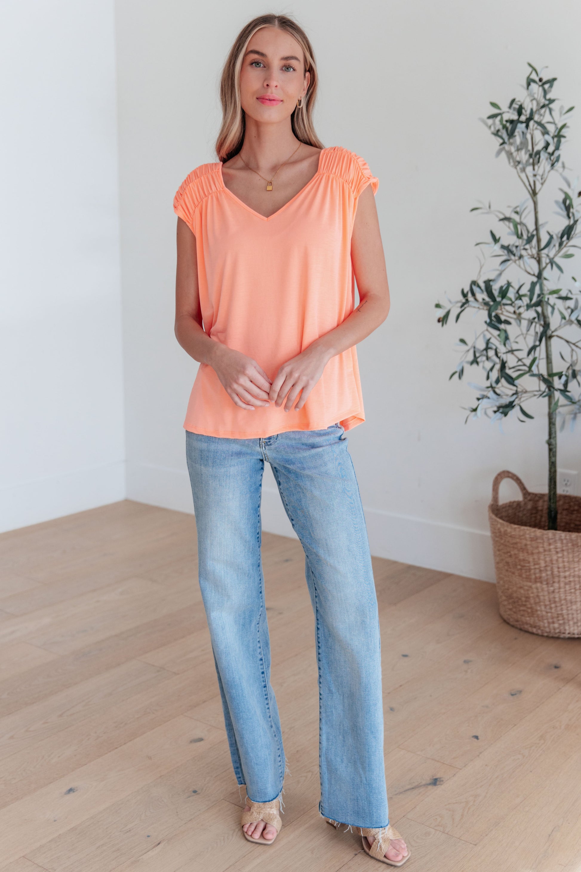 Ruched Cap Sleeve Top in Neon Orange - Hey Hunni LLC