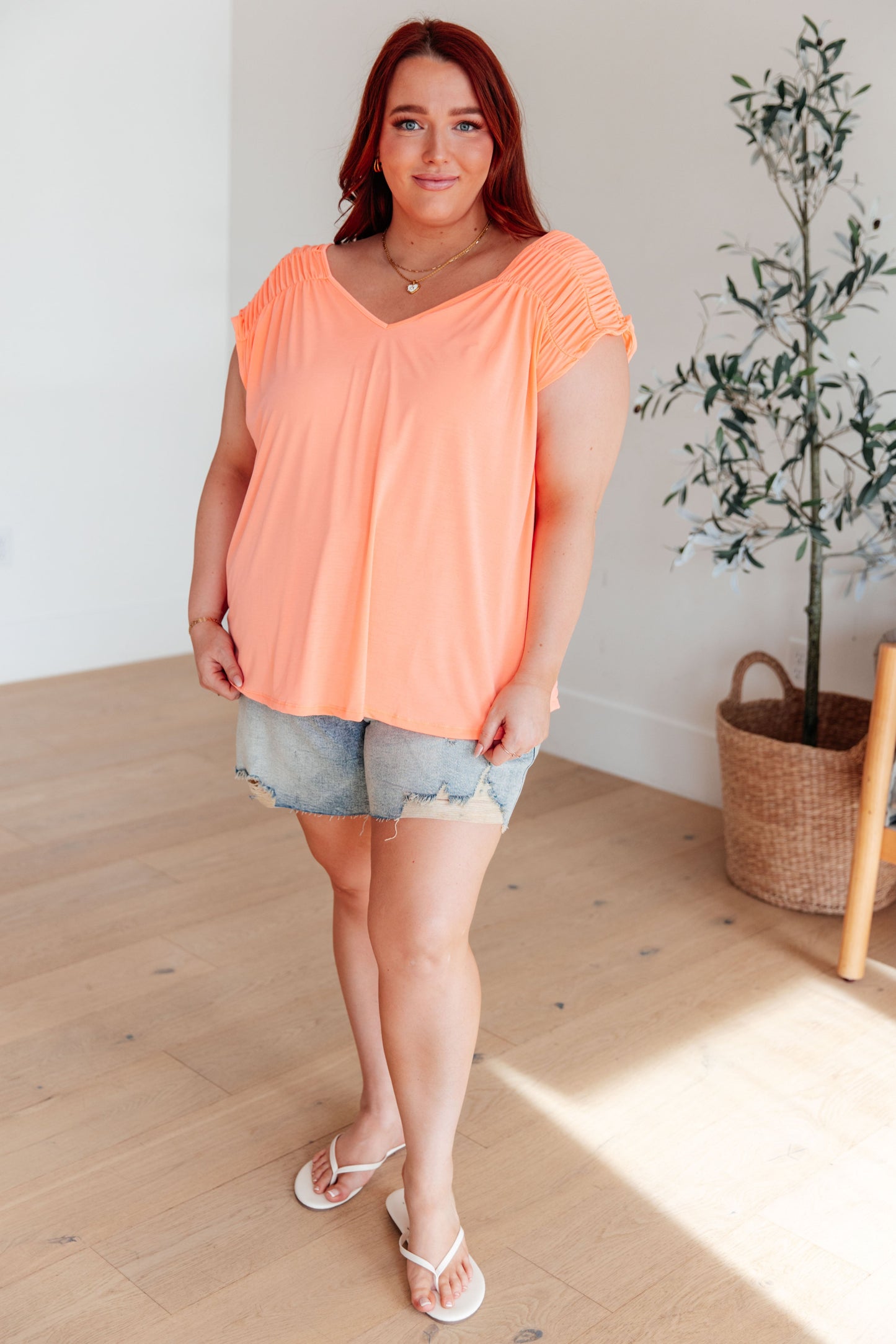 Ruched Cap Sleeve Top in Neon Orange - Hey Hunni LLC