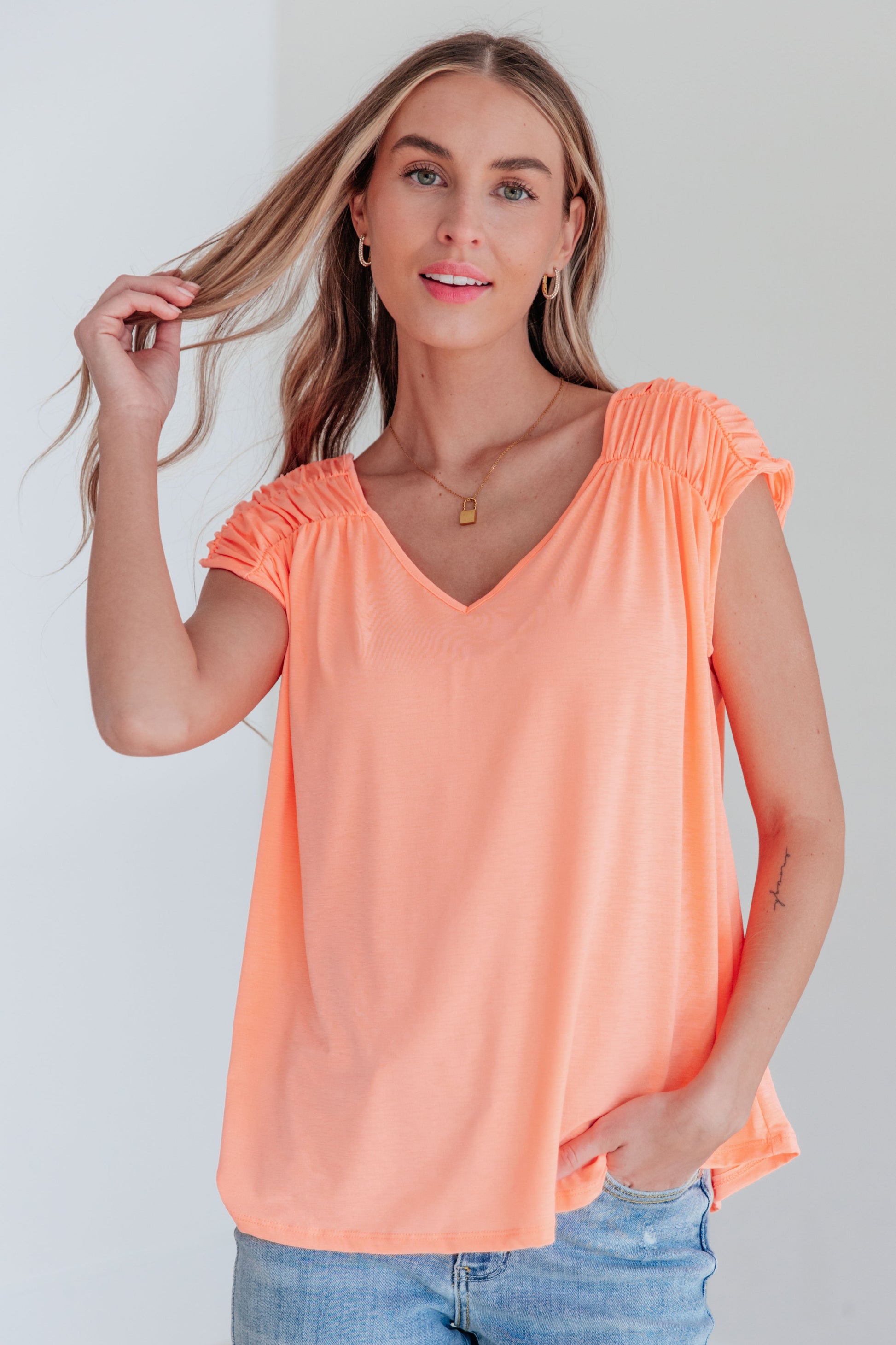 Ruched Cap Sleeve Top in Neon Orange - Hey Hunni LLC