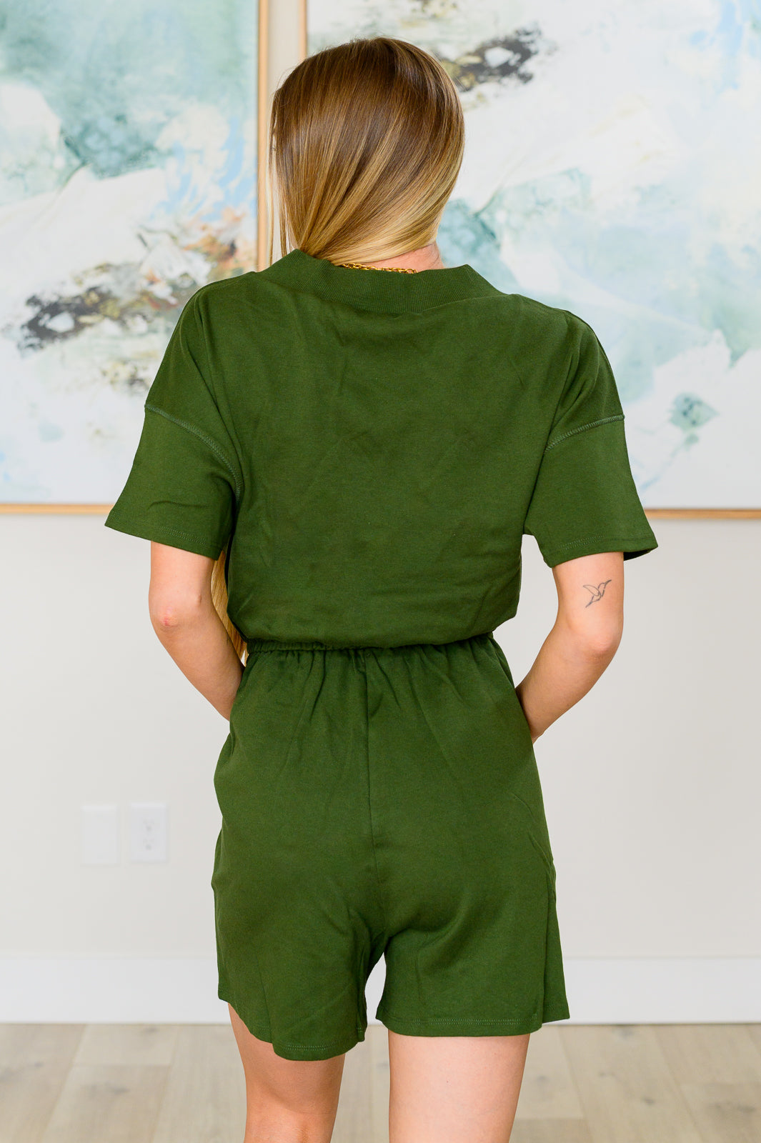 Short Sleeve V-Neck Romper in Army Green - Hey Hunni LLC