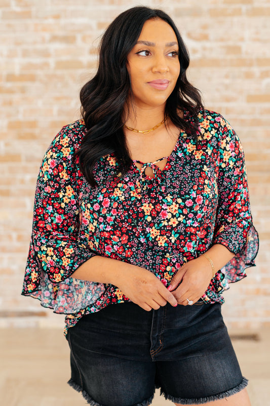 Willow Bell Sleeve Top in Black Multi Ditsy Floral - Hey Hunni LLC