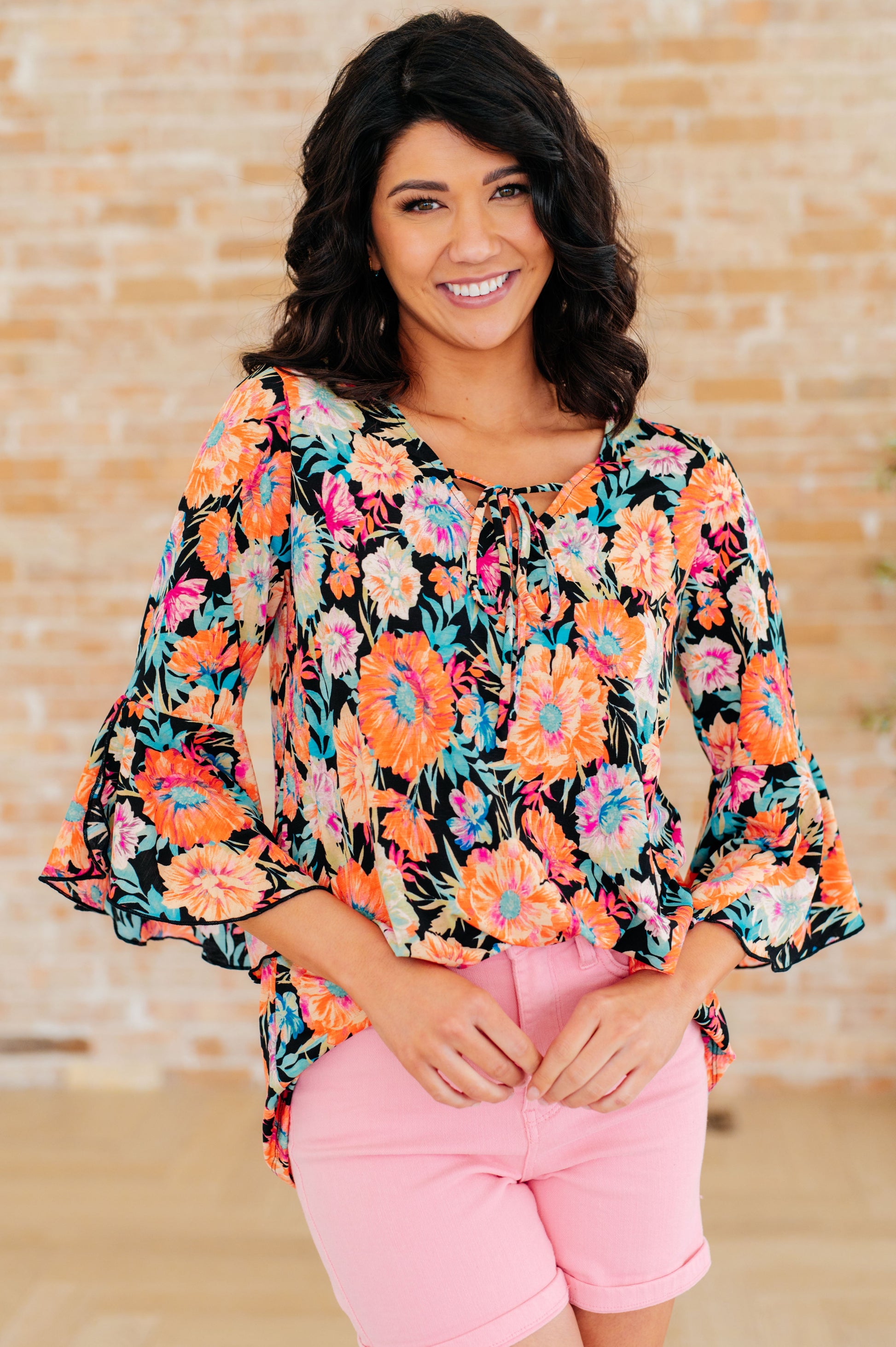 Willow Bell Sleeve Top in Black and Persimmon Floral - Hey Hunni LLC