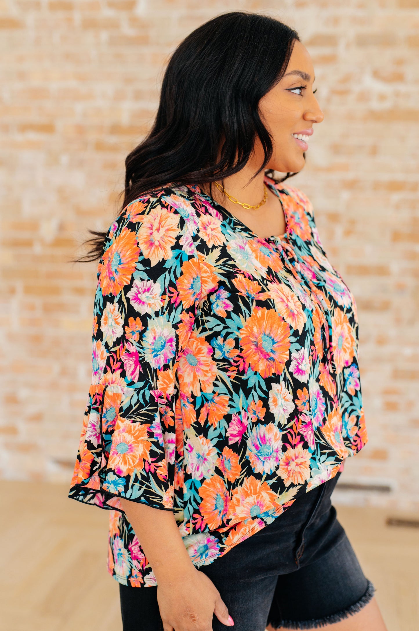 Willow Bell Sleeve Top in Black and Persimmon Floral - Hey Hunni LLC