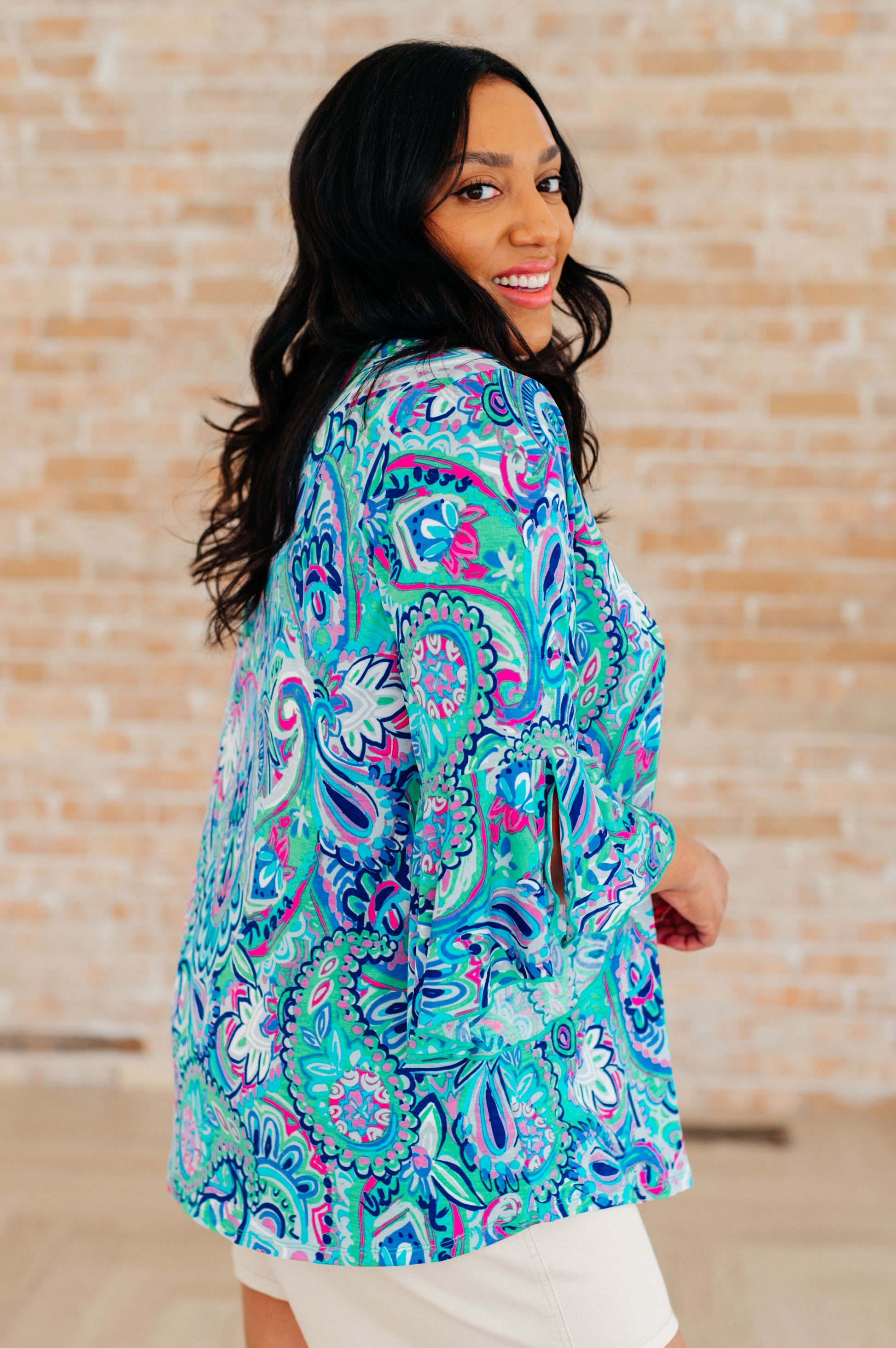 Willow Bell Sleeve Top in Emerald and Royal Paisley - Hey Hunni LLC