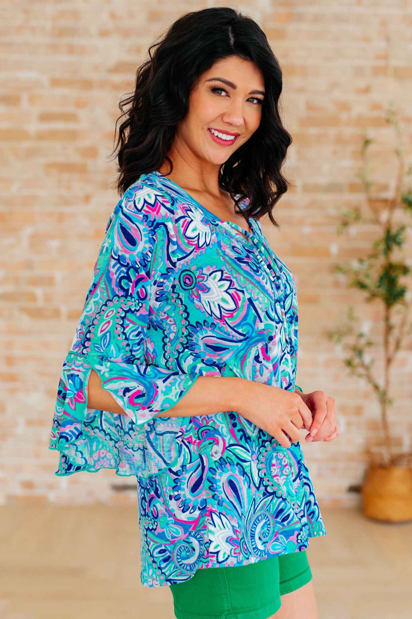 Willow Bell Sleeve Top in Emerald and Royal Paisley - Hey Hunni LLC