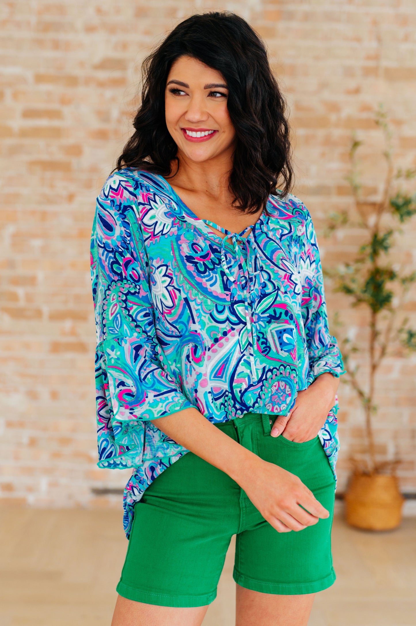 Willow Bell Sleeve Top in Emerald and Royal Paisley - Hey Hunni LLC