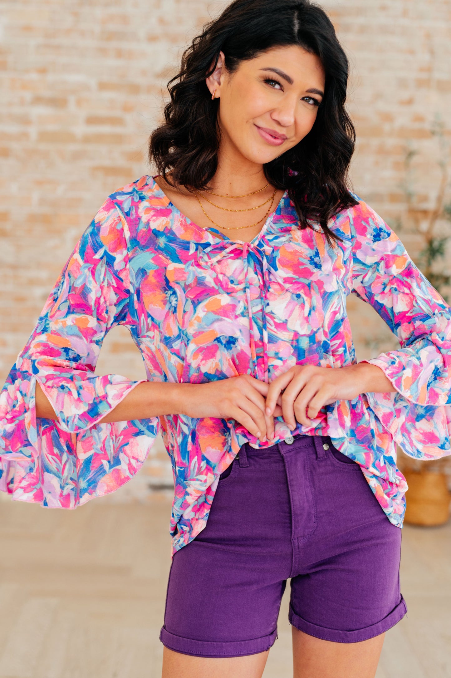 Willow Bell Sleeve Top in Royal Brushed Floral - Hey Hunni LLC