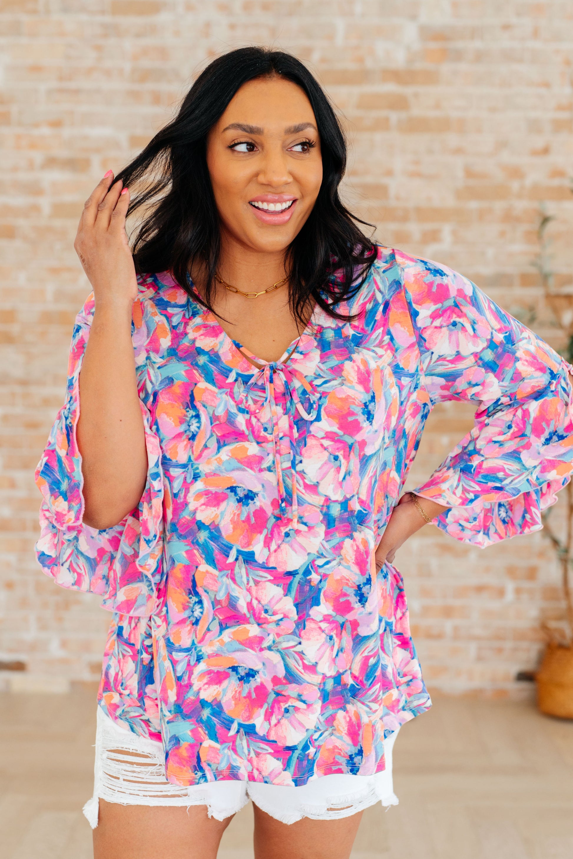 Willow Bell Sleeve Top in Royal Brushed Floral - Hey Hunni LLC