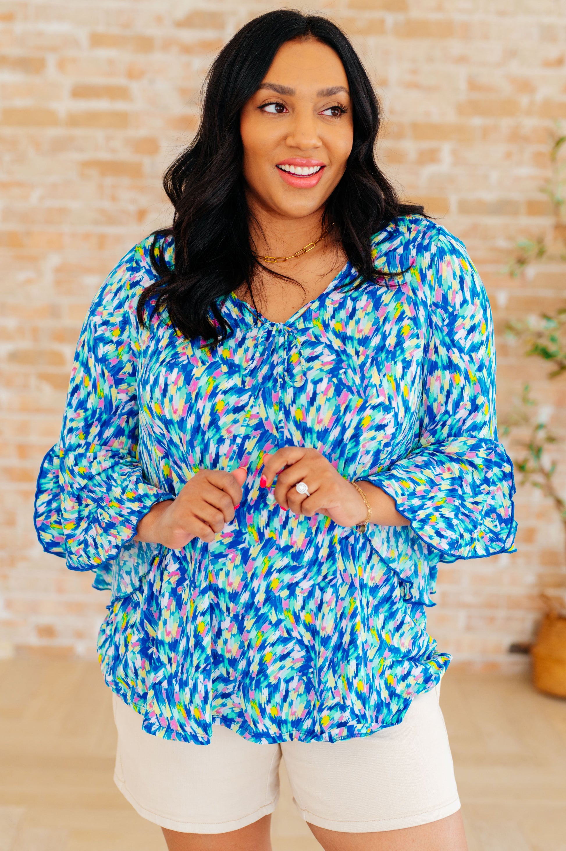 Willow Bell Sleeve Top in Royal Brushed Multi - Hey Hunni LLC