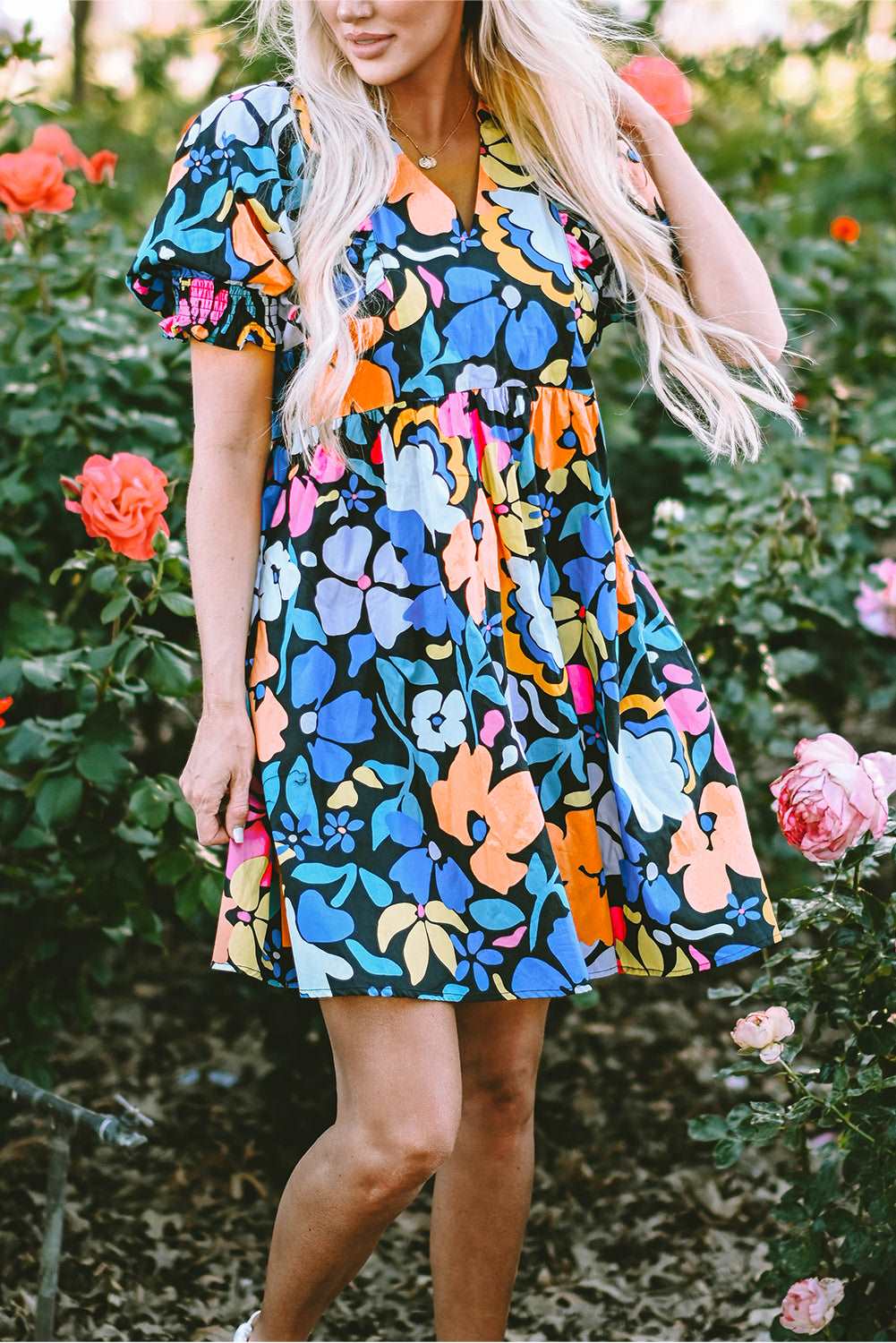 Blue Collared Split Neck Floral Flared Dress - Hey Hunni LLC