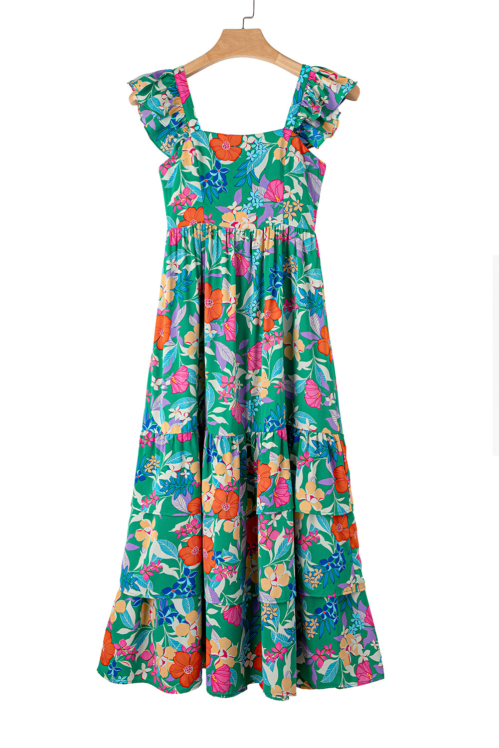 Green Floral Print Sleeveless Ruffle Tiered Maxi Dress - Hey Hunni LLC