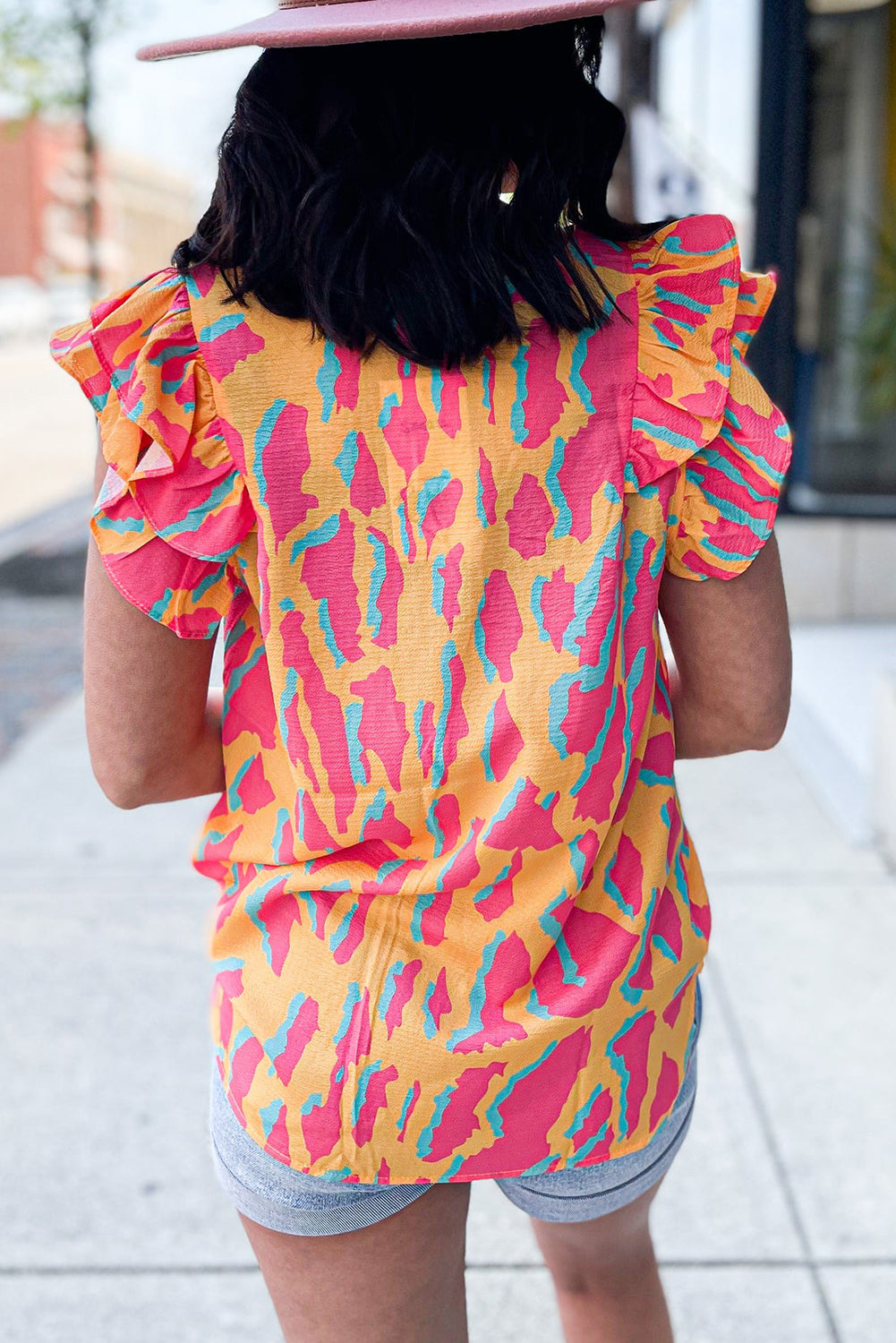 Orange Abstract Print V Neck Ruffled Sleeve Blouse - Hey Hunni LLC