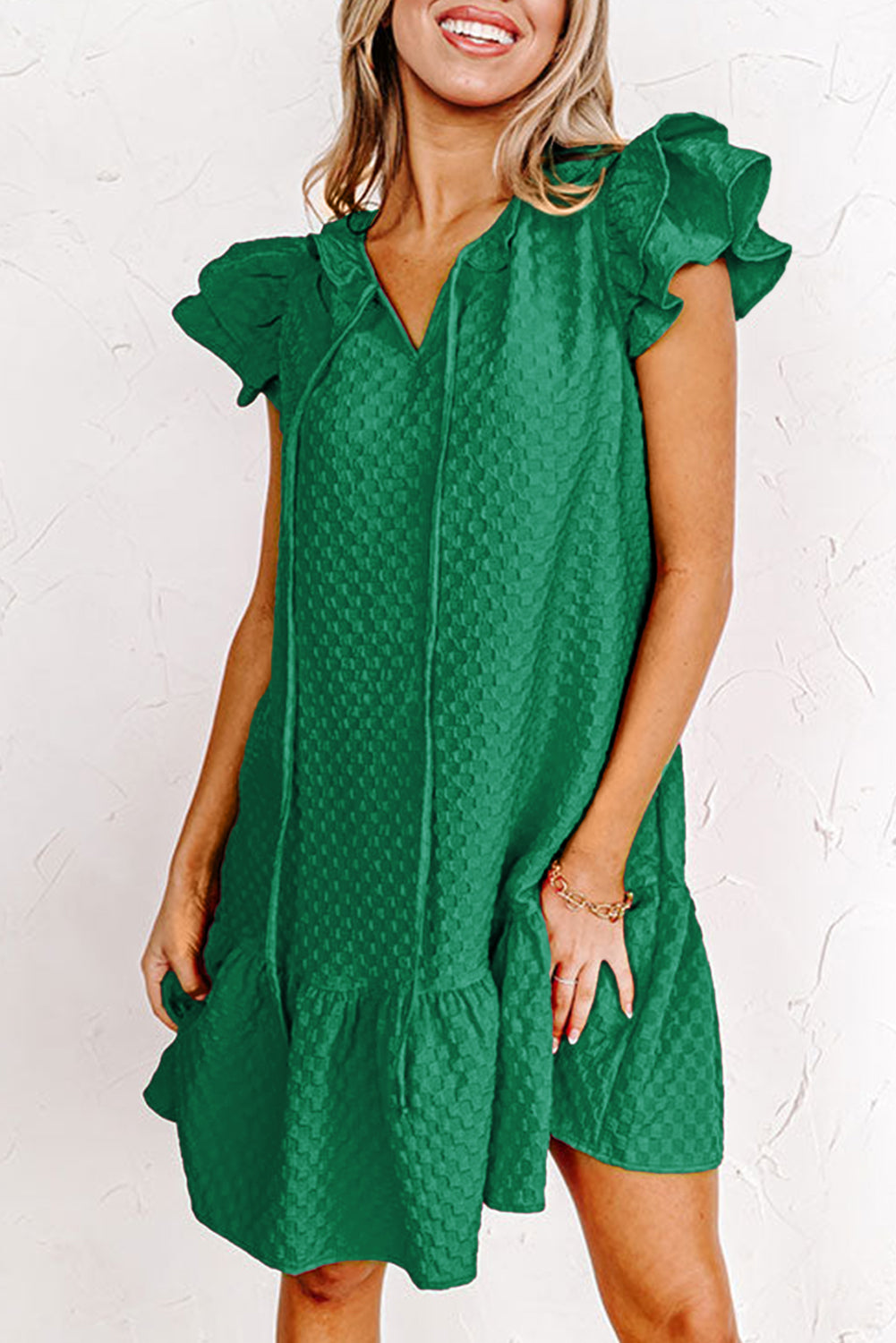 Green Flutter Sleeve Ruffled Textured Shift Dress - Hey Hunni LLC