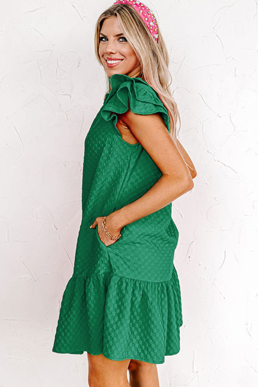 Green Flutter Sleeve Ruffled Textured Shift Dress - Hey Hunni LLC