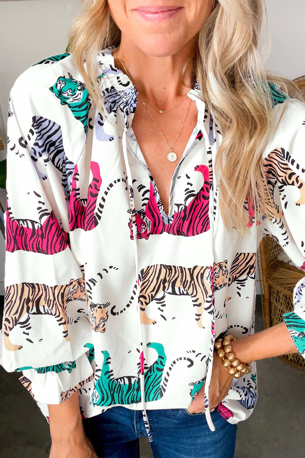 White Colorful Tiger Print Ruffled Lantern Sleeve Blouse - Hey Hunni LLC