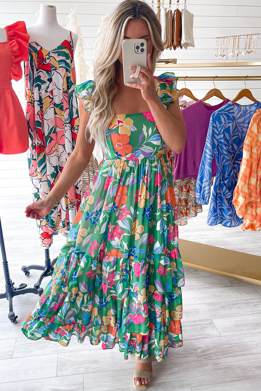 Green Floral Print Sleeveless Ruffle Tiered Maxi Dress - Hey Hunni LLC