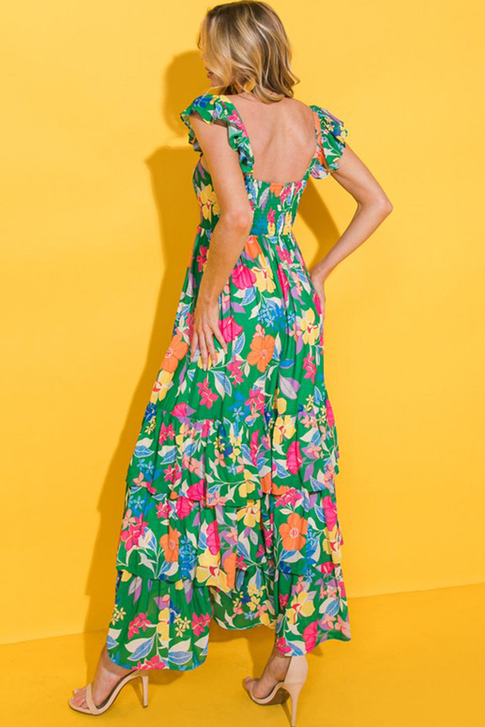 Green Floral Print Sleeveless Ruffle Tiered Maxi Dress - Hey Hunni LLC