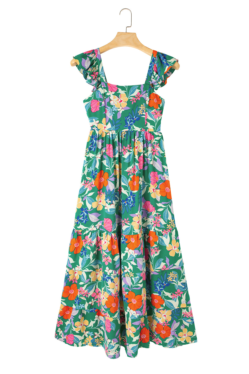 Green Floral Print Sleeveless Ruffle Tiered Maxi Dress - Hey Hunni LLC