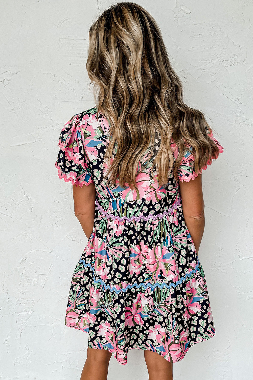 Pink Leopard Floral Ricrac Embellished Tiered Mini Dress - Hey Hunni LLC