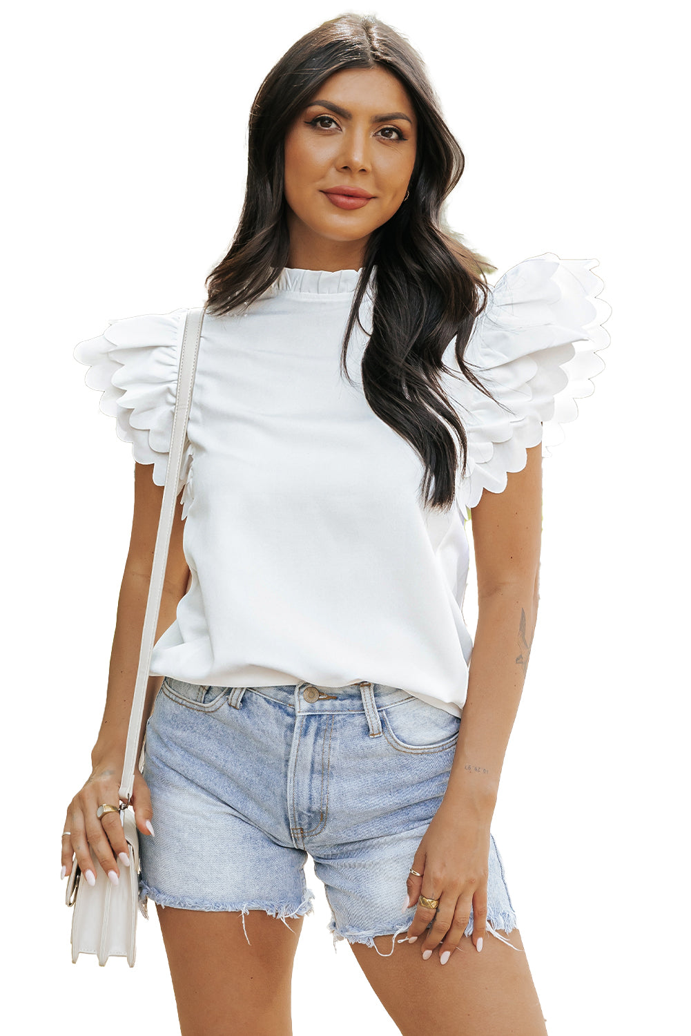 White Solid Color Scalloped Ruffle Sleeve Top - Hey Hunni LLC