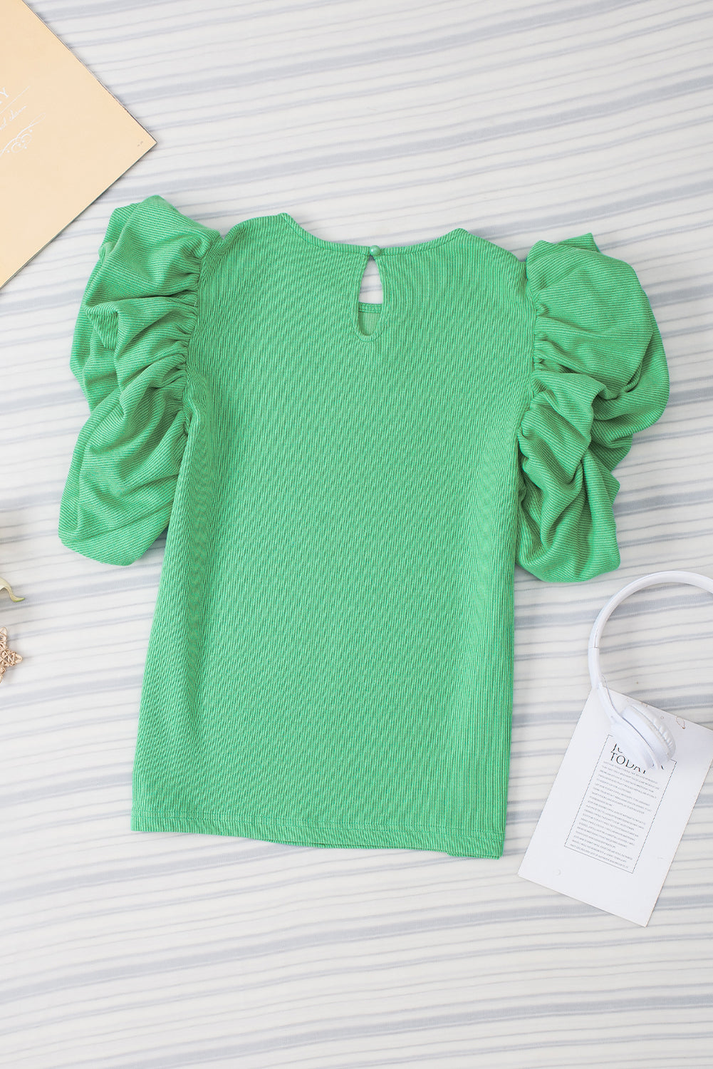 Green Ribbed Knit Puffy Ruffle Sleeve Blouse - Hey Hunni LLC