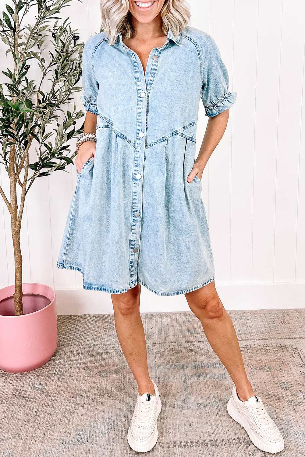 Beau Blue Mineral Wash Ruffled Short Sleeve Buttoned Denim Dress - Hey Hunni LLC