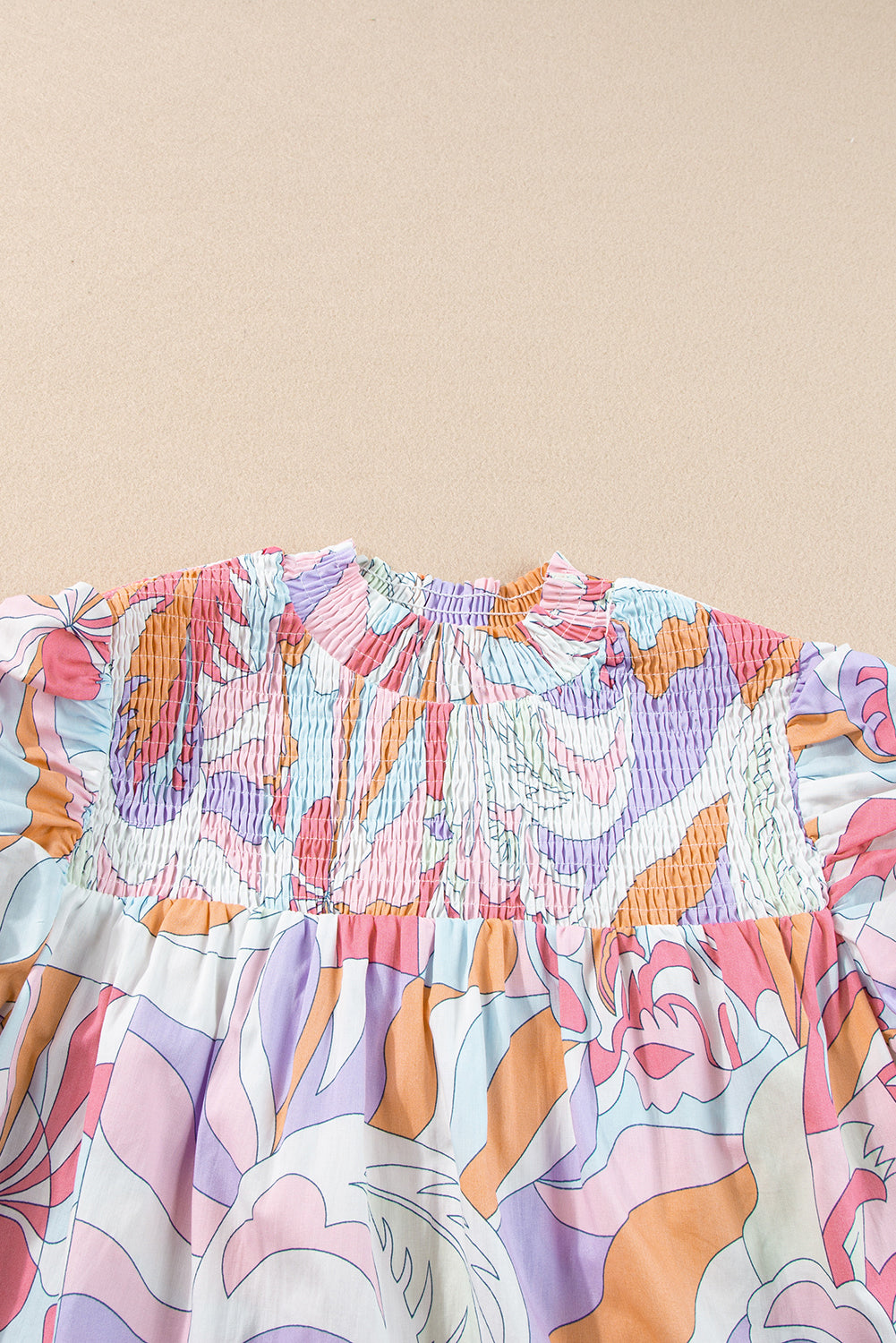 Pink Abstract Print Bubble Sleeve Smock Detail Blouse - Hey Hunni LLC