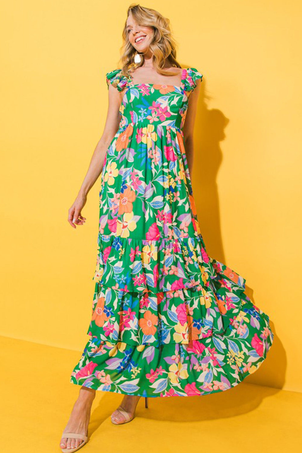 Green Floral Print Sleeveless Ruffle Tiered Maxi Dress - Hey Hunni LLC